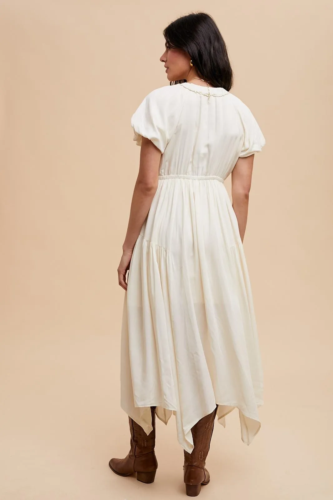 Cream Deep V-Neck Puff Short Sleeve Asymmetrical Hem Midi Dress sold by Pinkblush product image thumbnail 4