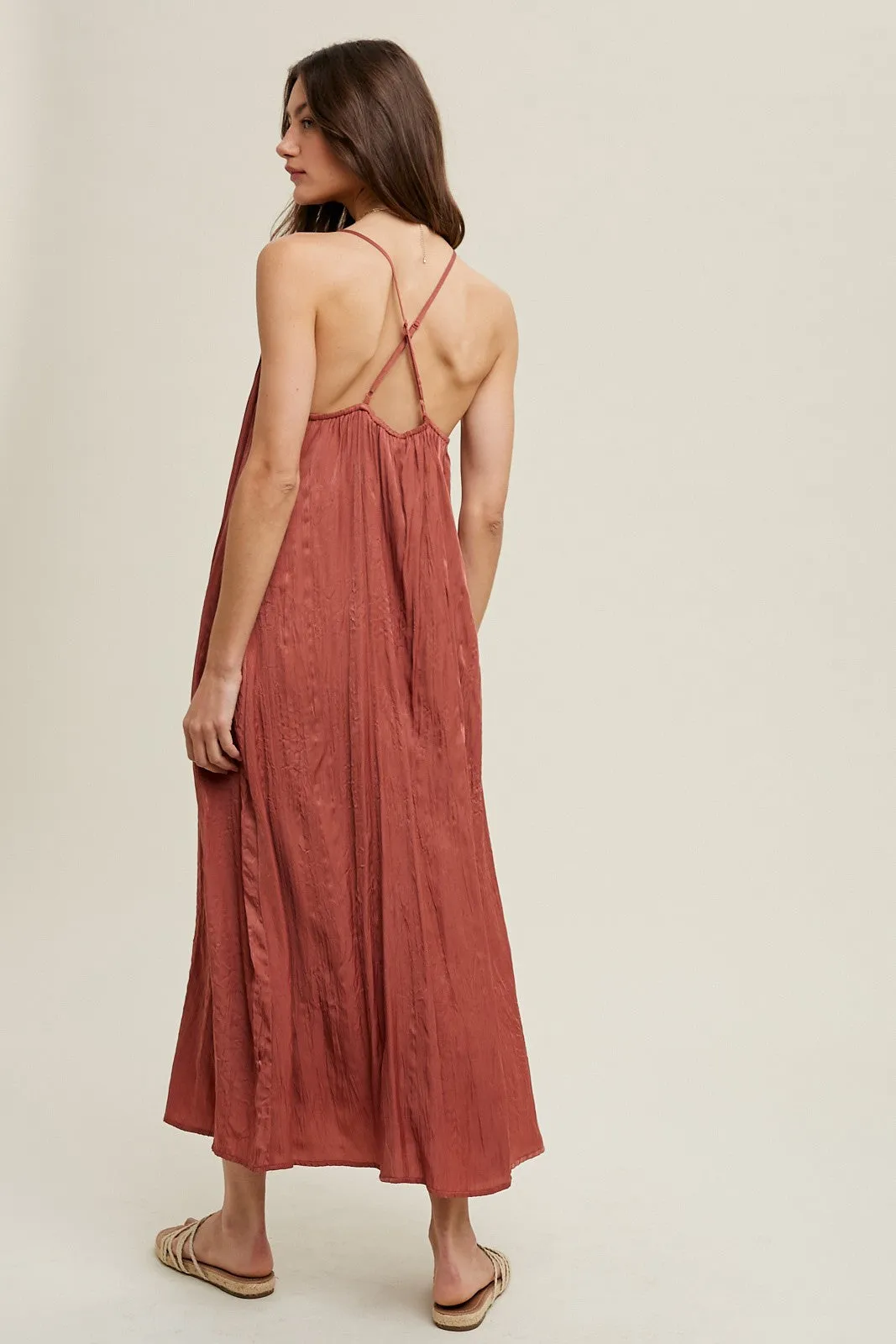 Rust Crinkle V-Neck Cross Back Midi Dress sold by Pinkblush product image thumbnail 3