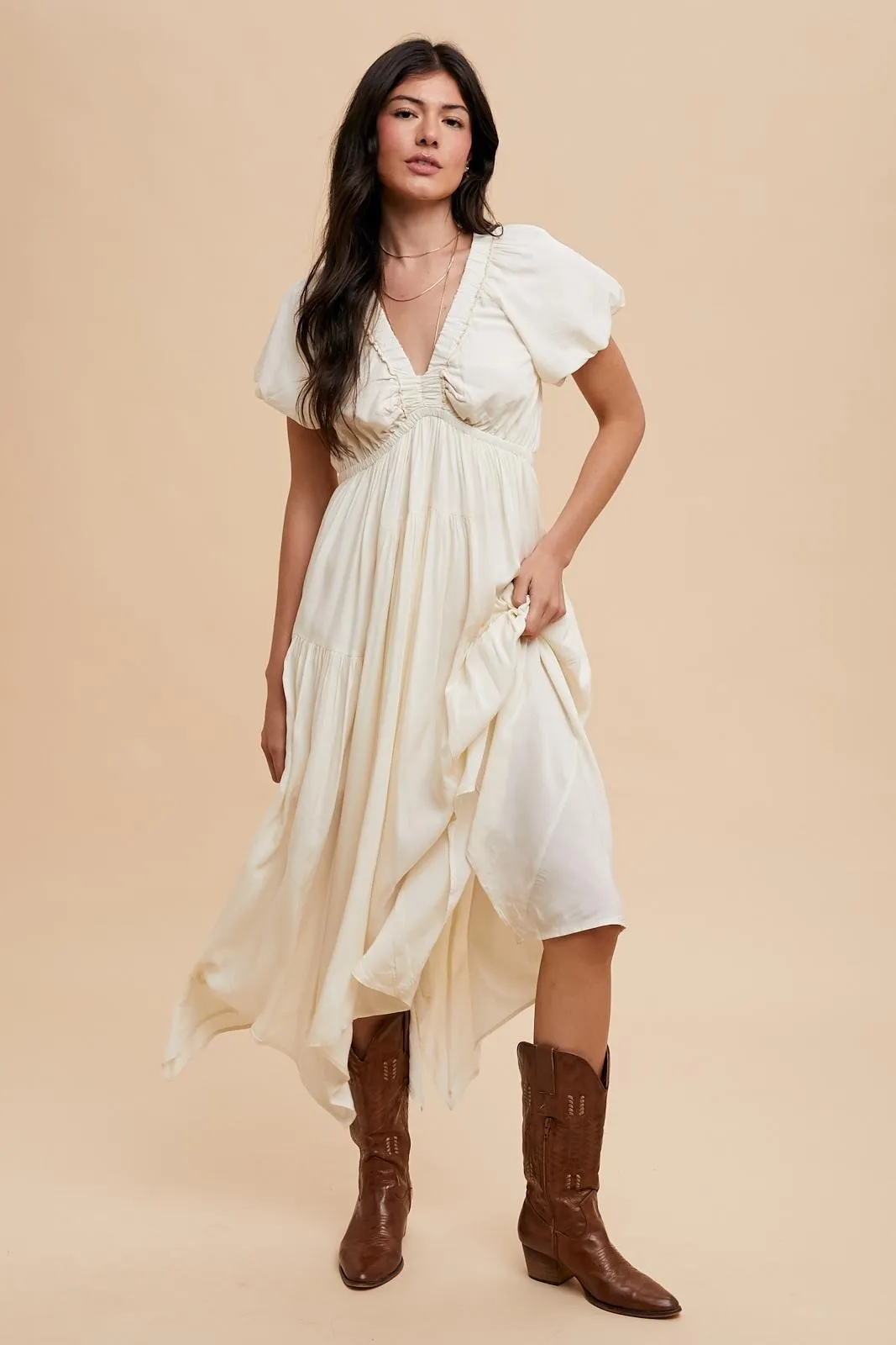 Cream Deep V-Neck Puff Short Sleeve Asymmetrical Hem Midi Dress sold by Pinkblush