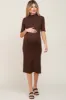 Brown Ribbed Mock Neck Maternity Midi Dress sold by Pinkblush