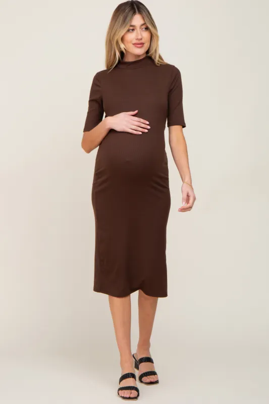 Brown Ribbed Mock Neck Maternity Midi Dress sold by Pinkblush