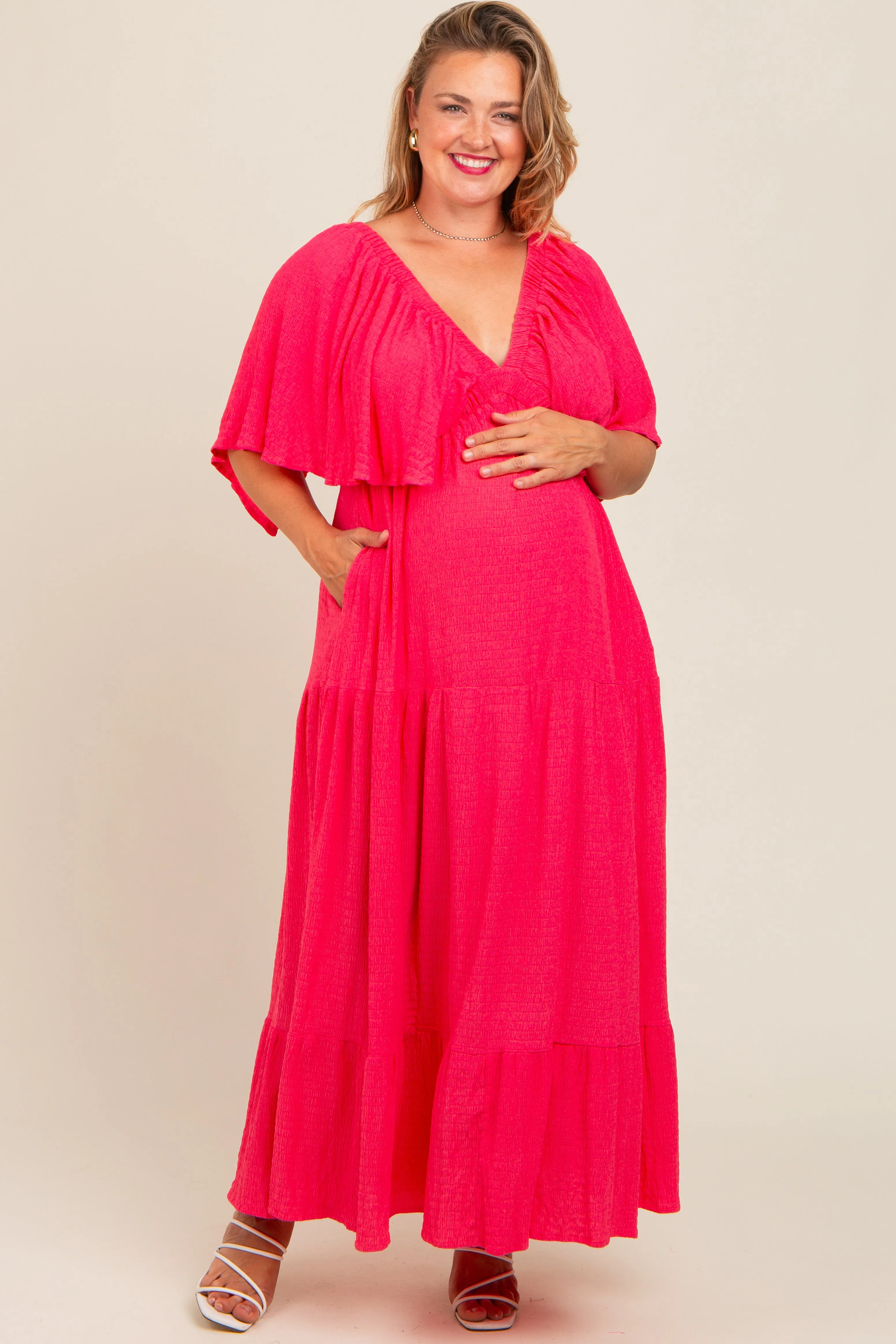 Coral Pink Flounce Sleeve Tiered Maternity Plus Dress sold by Pinkblush