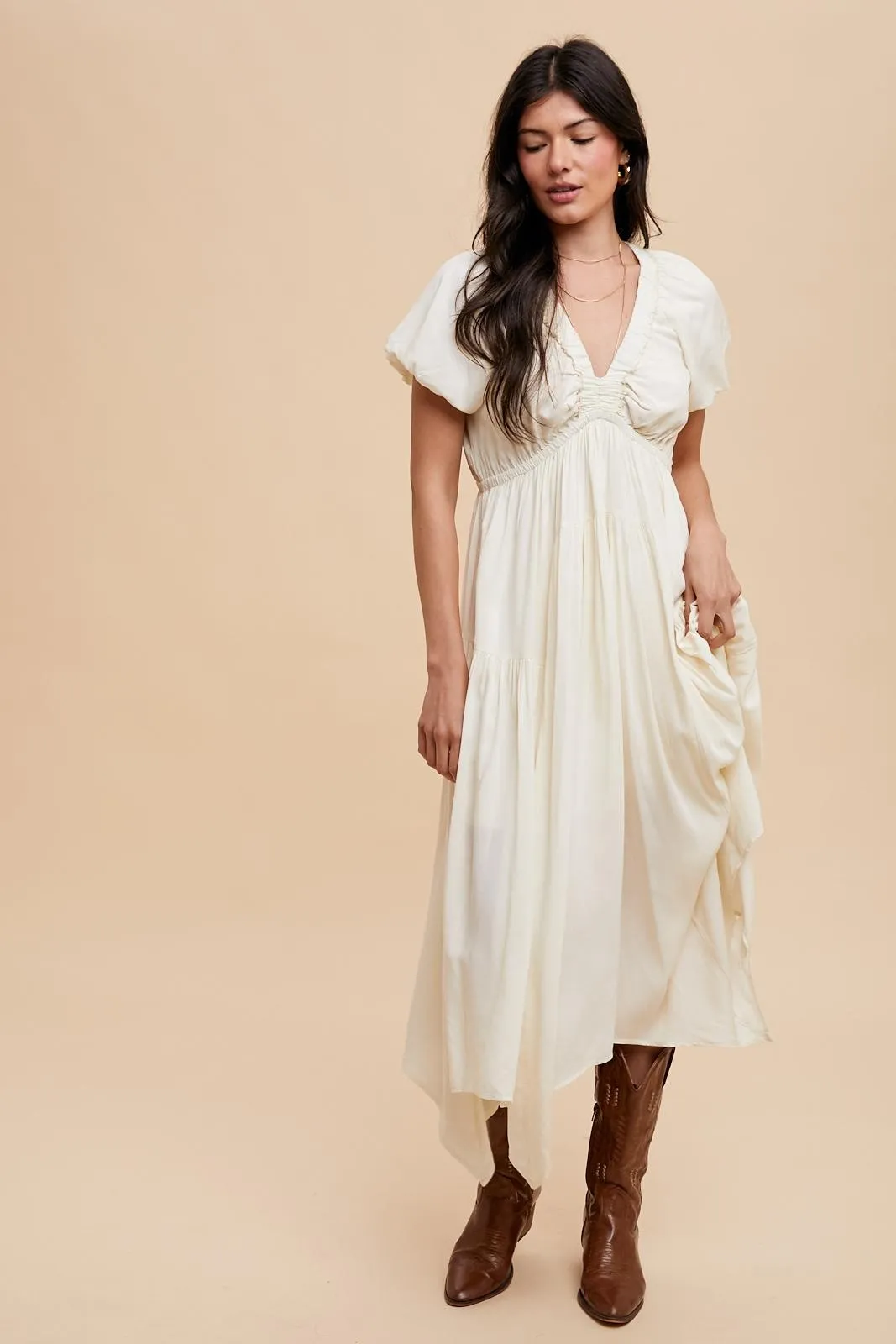 Cream Deep V-Neck Puff Short Sleeve Asymmetrical Hem Midi Dress sold by Pinkblush product image thumbnail 2