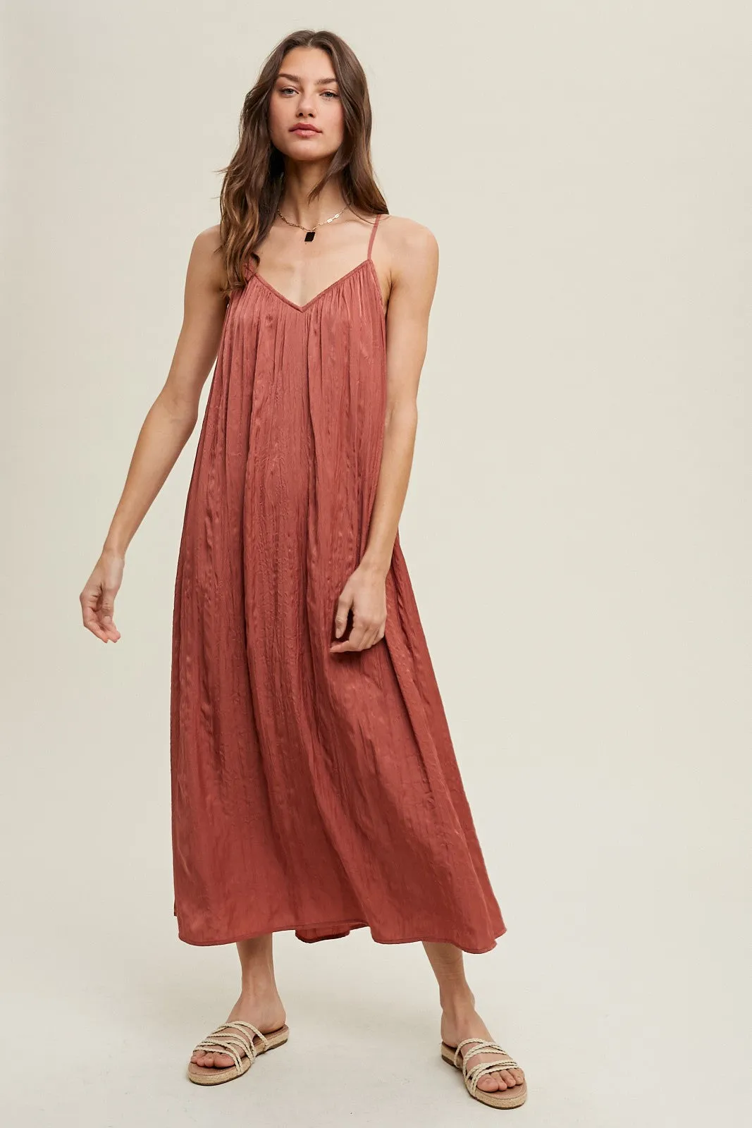 Rust Crinkle V-Neck Cross Back Midi Dress sold by Pinkblush