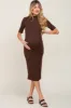 Brown Ribbed Mock Neck Maternity Midi Dress sold by Pinkblush