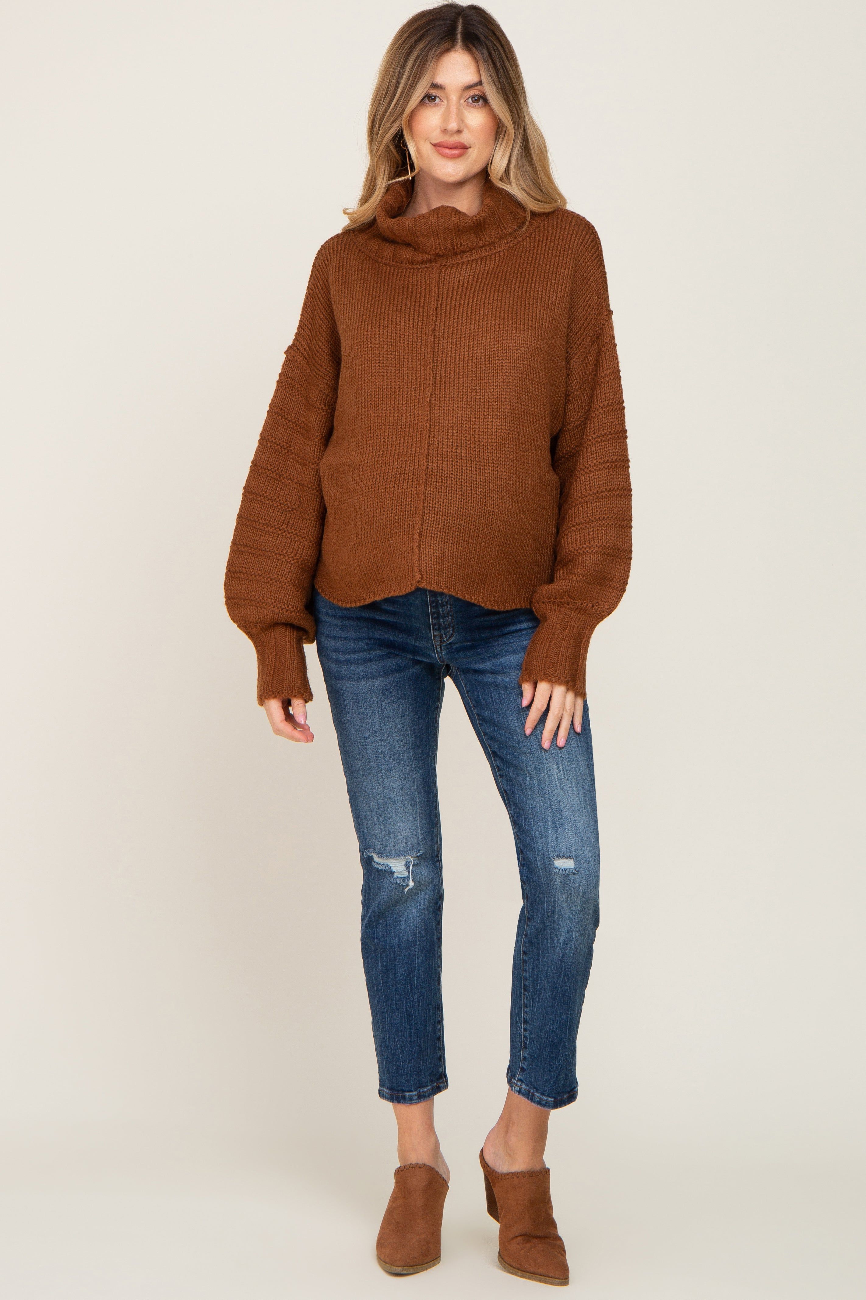 Mocha Turtle Neck Contrast Knit Maternity Sweater sold by Pinkblush product image thumbnail 4