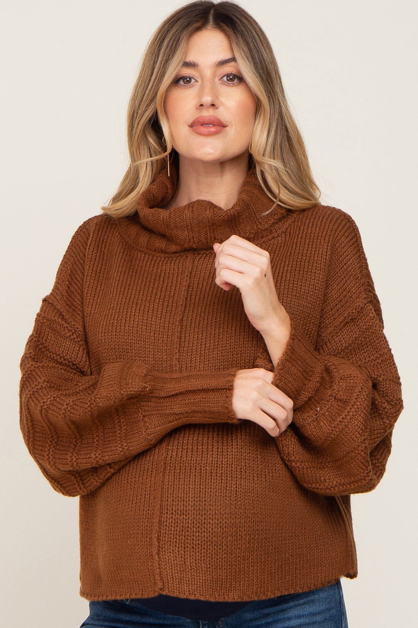 Mocha Turtle Neck Contrast Knit Maternity Sweater sold by Pinkblush