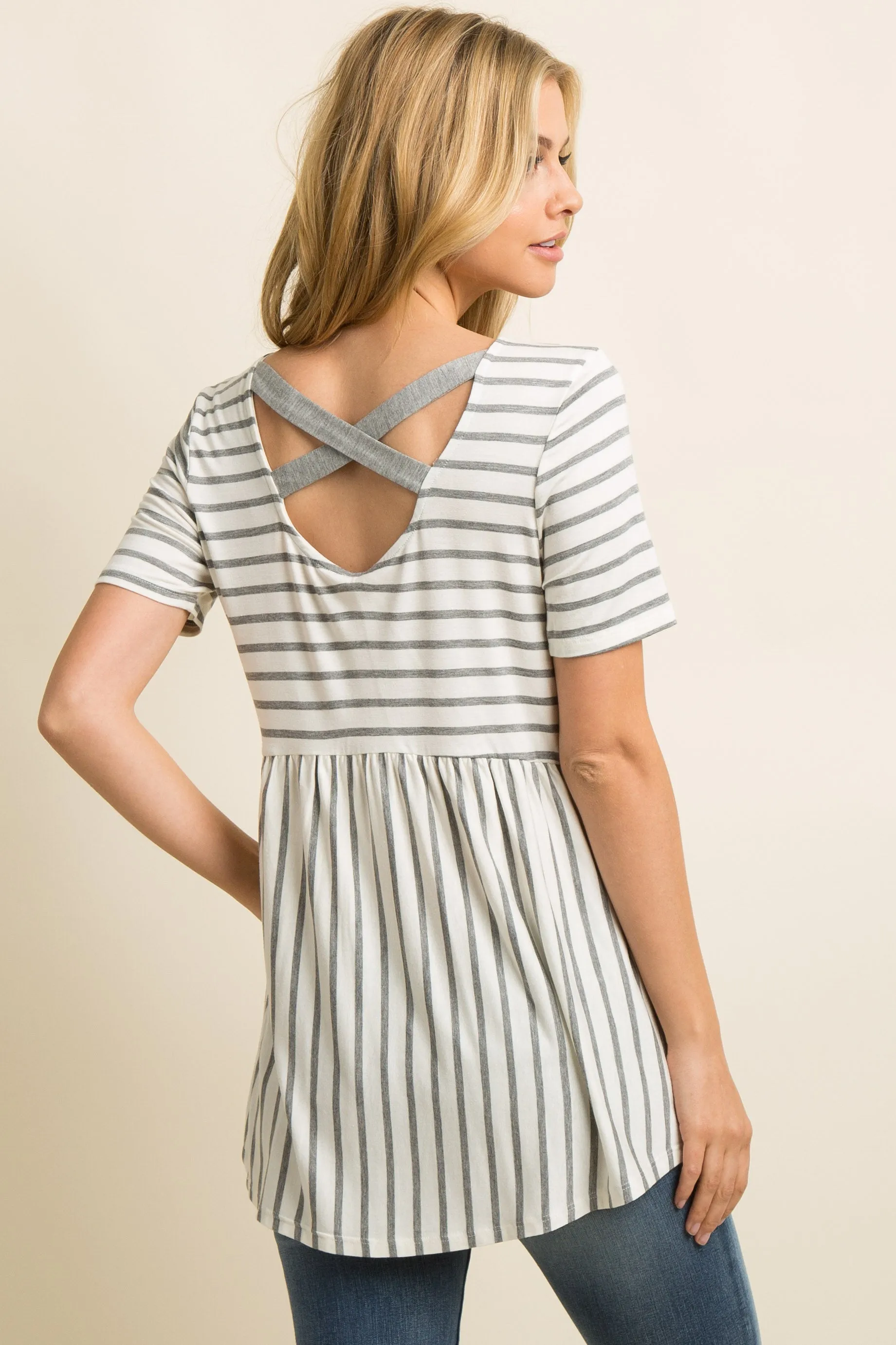 PinkBlush Grey Striped Crisscross Back Peplum Top sold by Pinkblush product image thumbnail 3