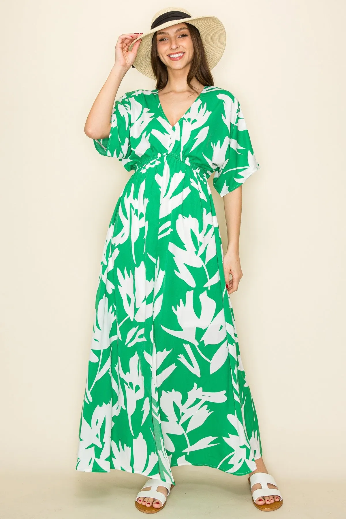 Green Floral Double V-Neck Front Slit Maxi Dress sold by Pinkblush