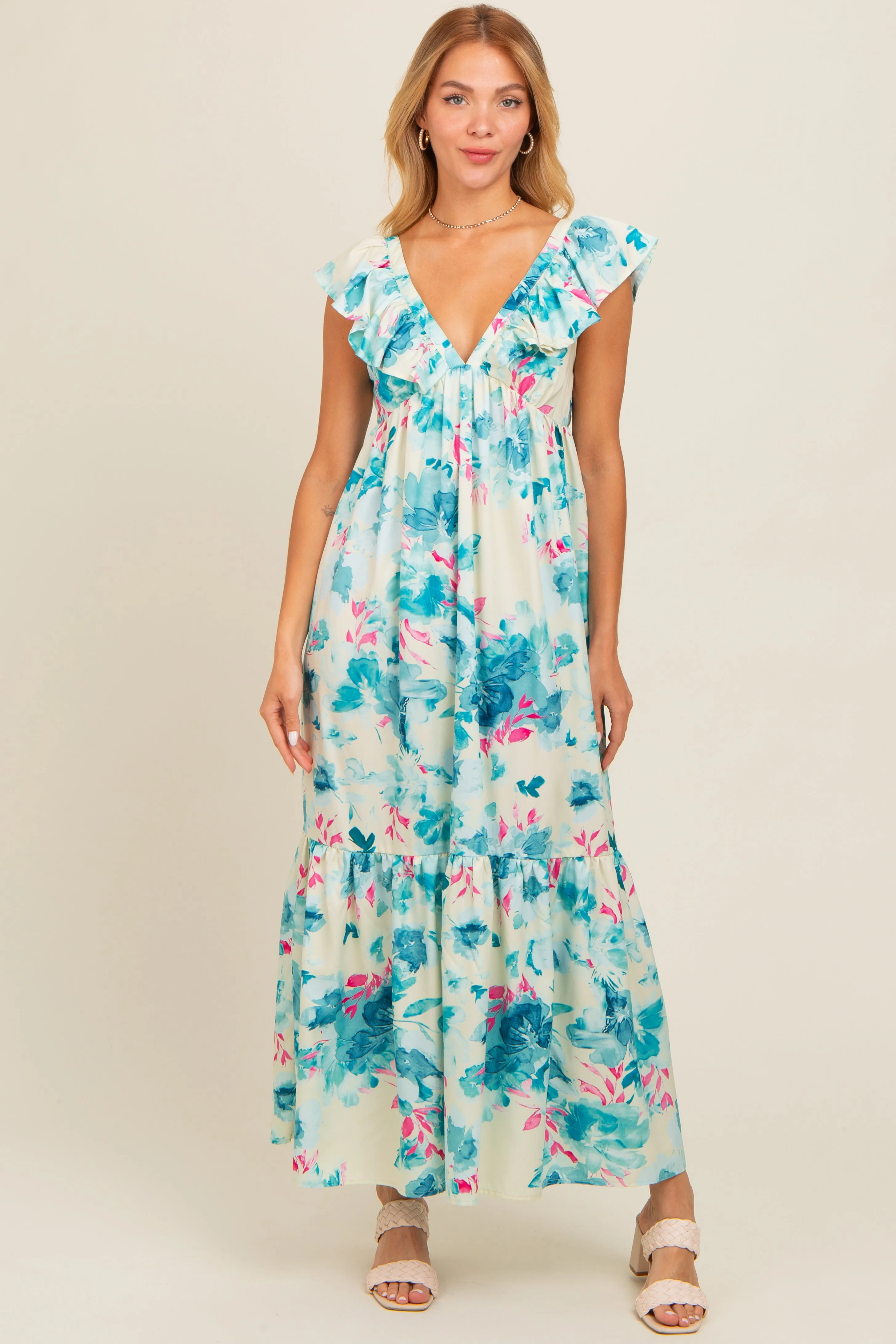 Teal Floral Ruffle Accent V-Neck Maxi Dress sold by Pinkblush