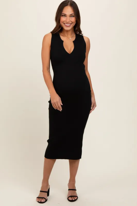 Black V-Neck Knit Maternity Midi Dress sold by Pinkblush