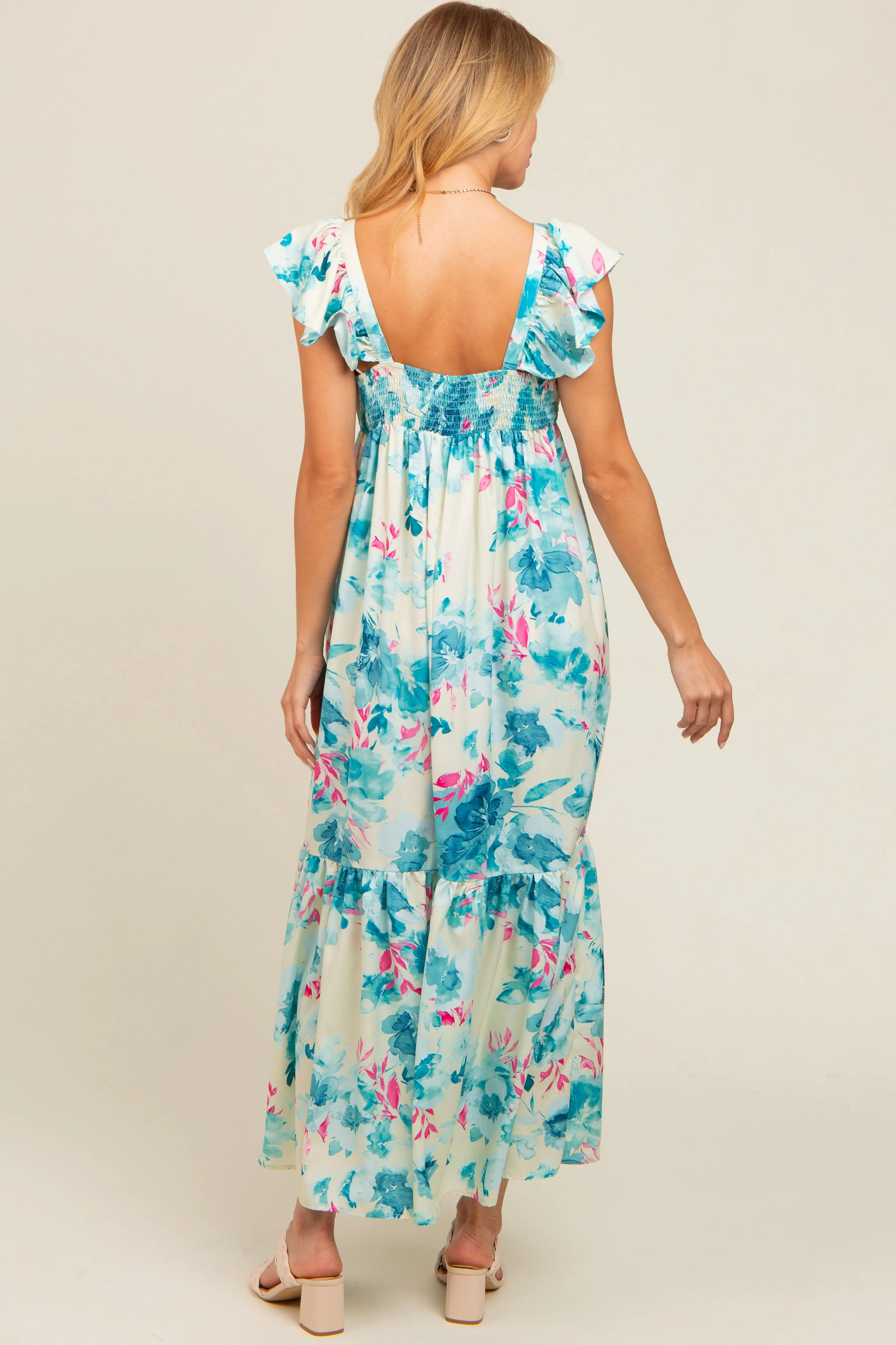 Teal Floral Ruffle Accent V-Neck Maxi Dress sold by Pinkblush product image thumbnail 2