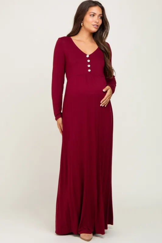 Burgundy Solid Long Sleeve Button Accent Maternity Dress sold by Pinkblush