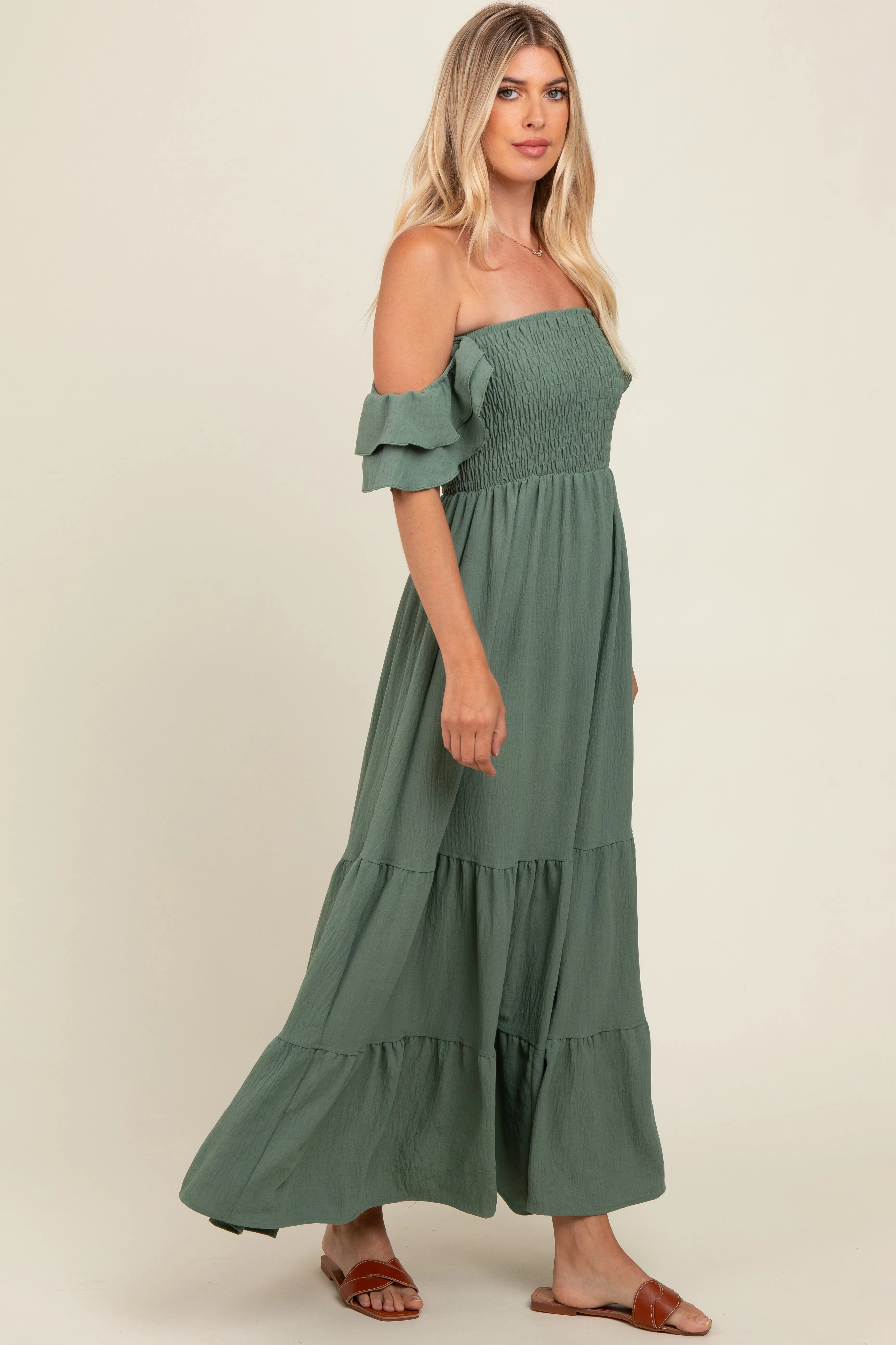 Olive Smocked Ruffle Off Shoulder Tiered Maxi Dress sold by Pinkblush product image thumbnail 3