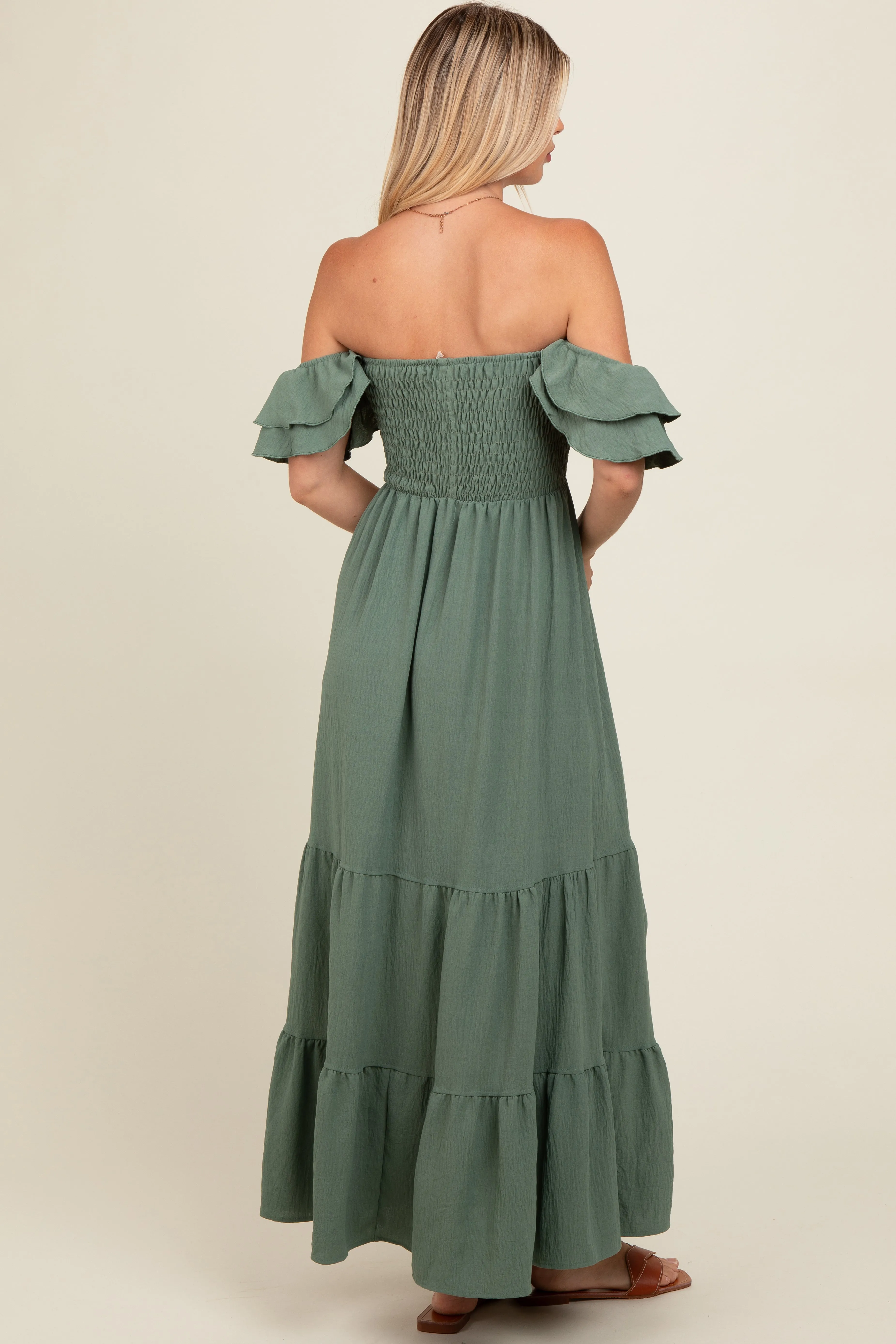 Olive Smocked Ruffle Off Shoulder Tiered Maxi Dress sold by Pinkblush product image thumbnail 4