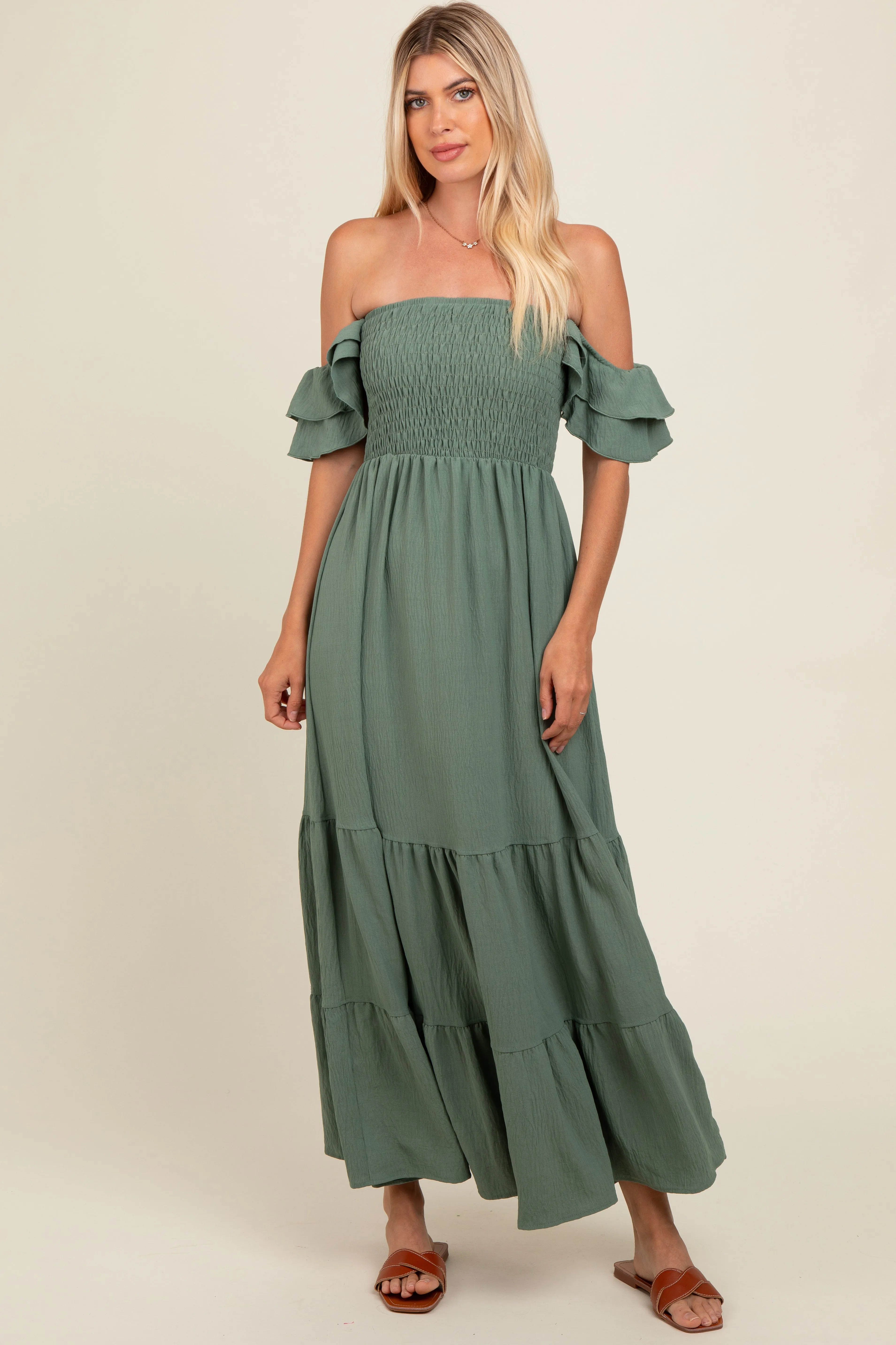 Olive Smocked Ruffle Off Shoulder Tiered Maxi Dress sold by Pinkblush