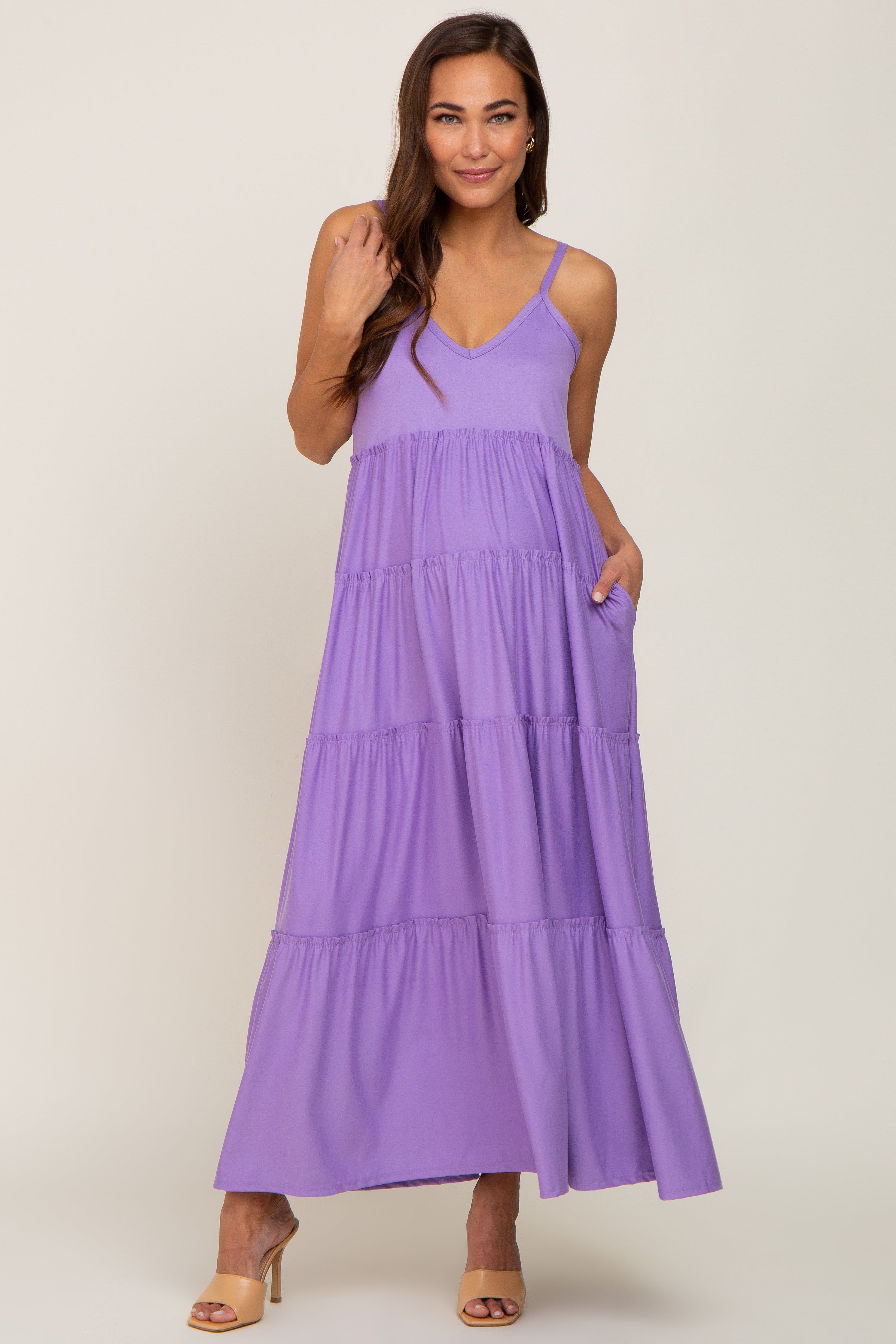 Lavender Tiered Sleeveless Maternity Maxi Dress sold by Pinkblush