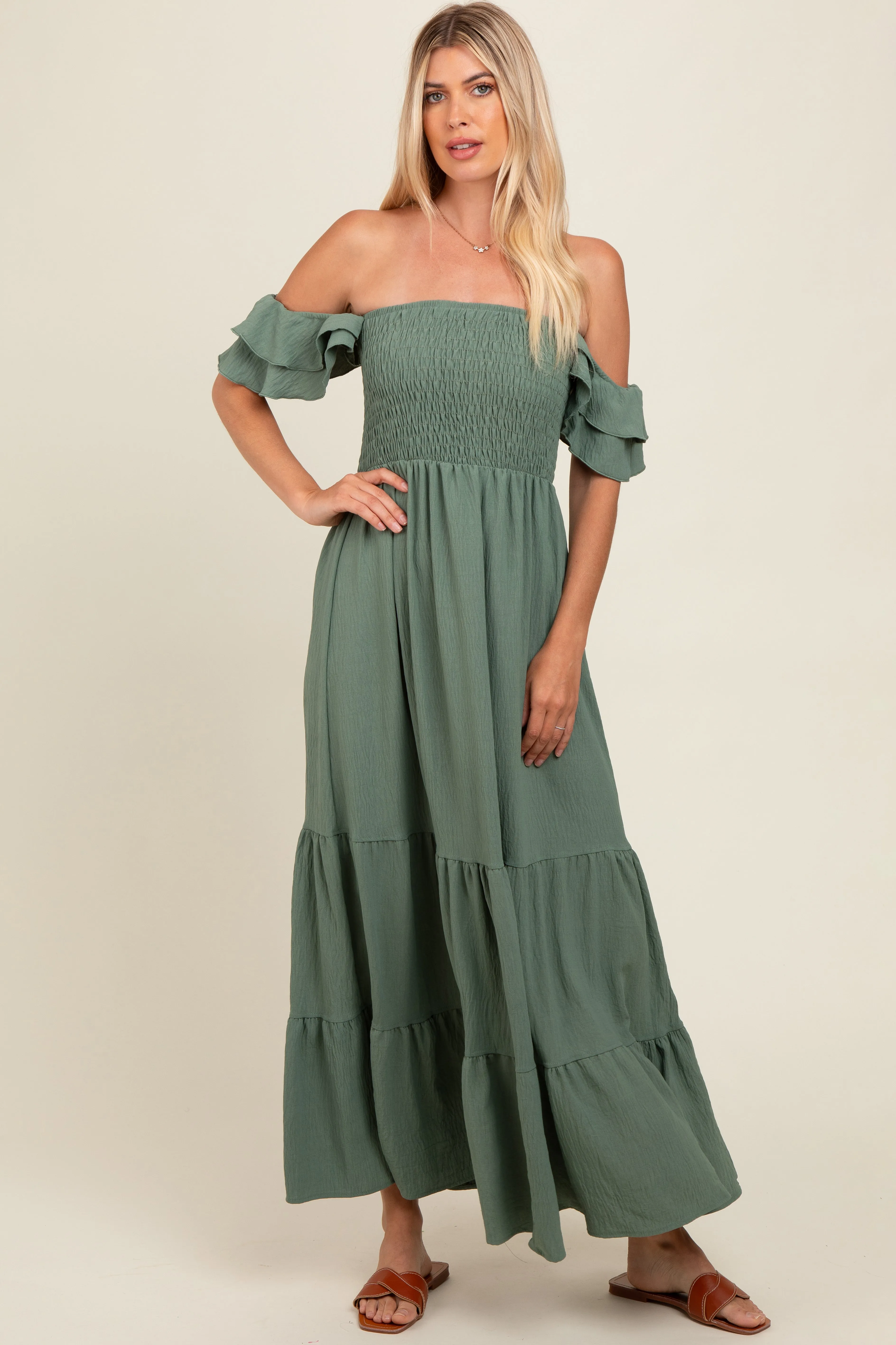 Olive Smocked Ruffle Off Shoulder Tiered Maxi Dress sold by Pinkblush product image thumbnail 2