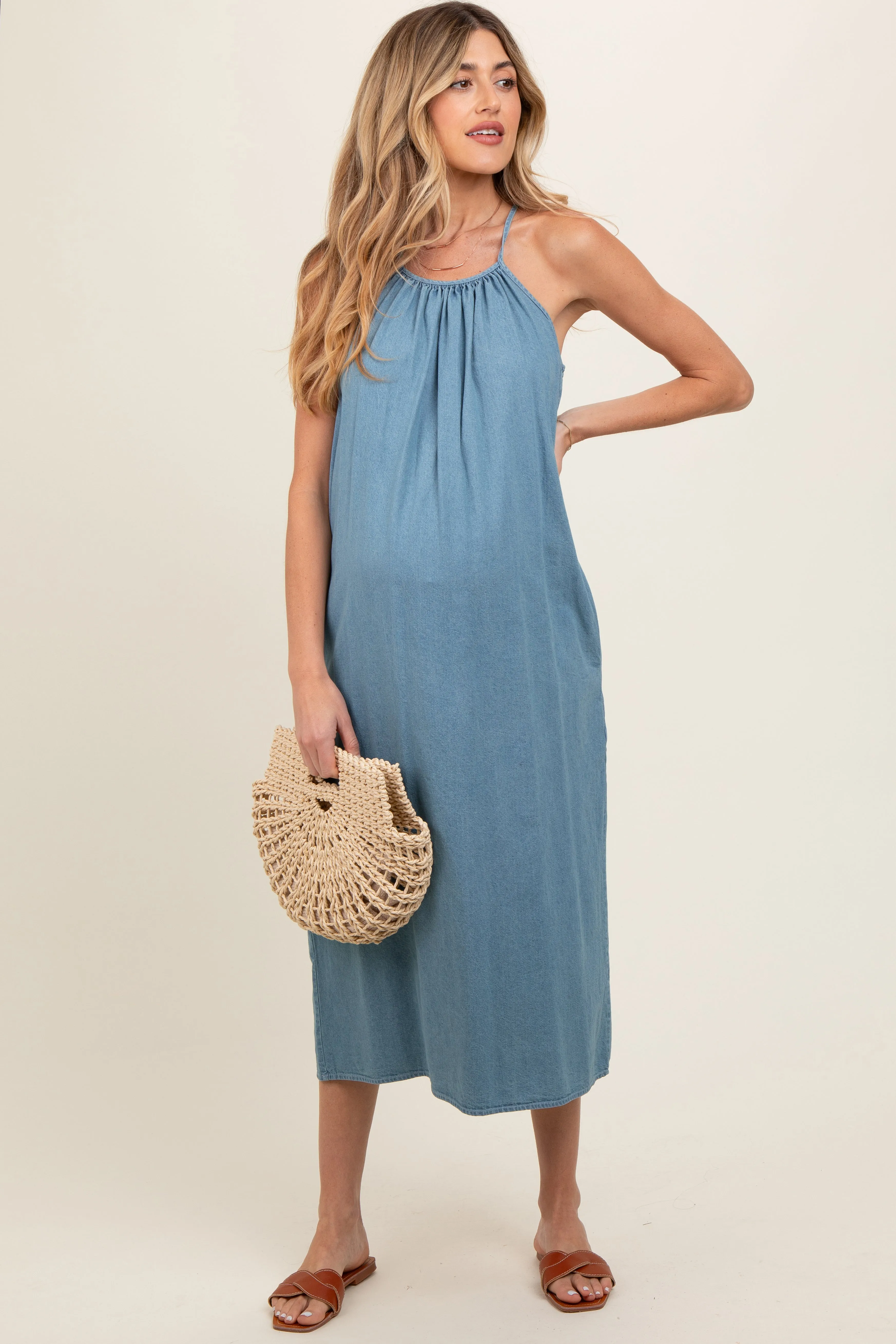 Denim Sleeveless Shift Maternity Midi Dress sold by Pinkblush