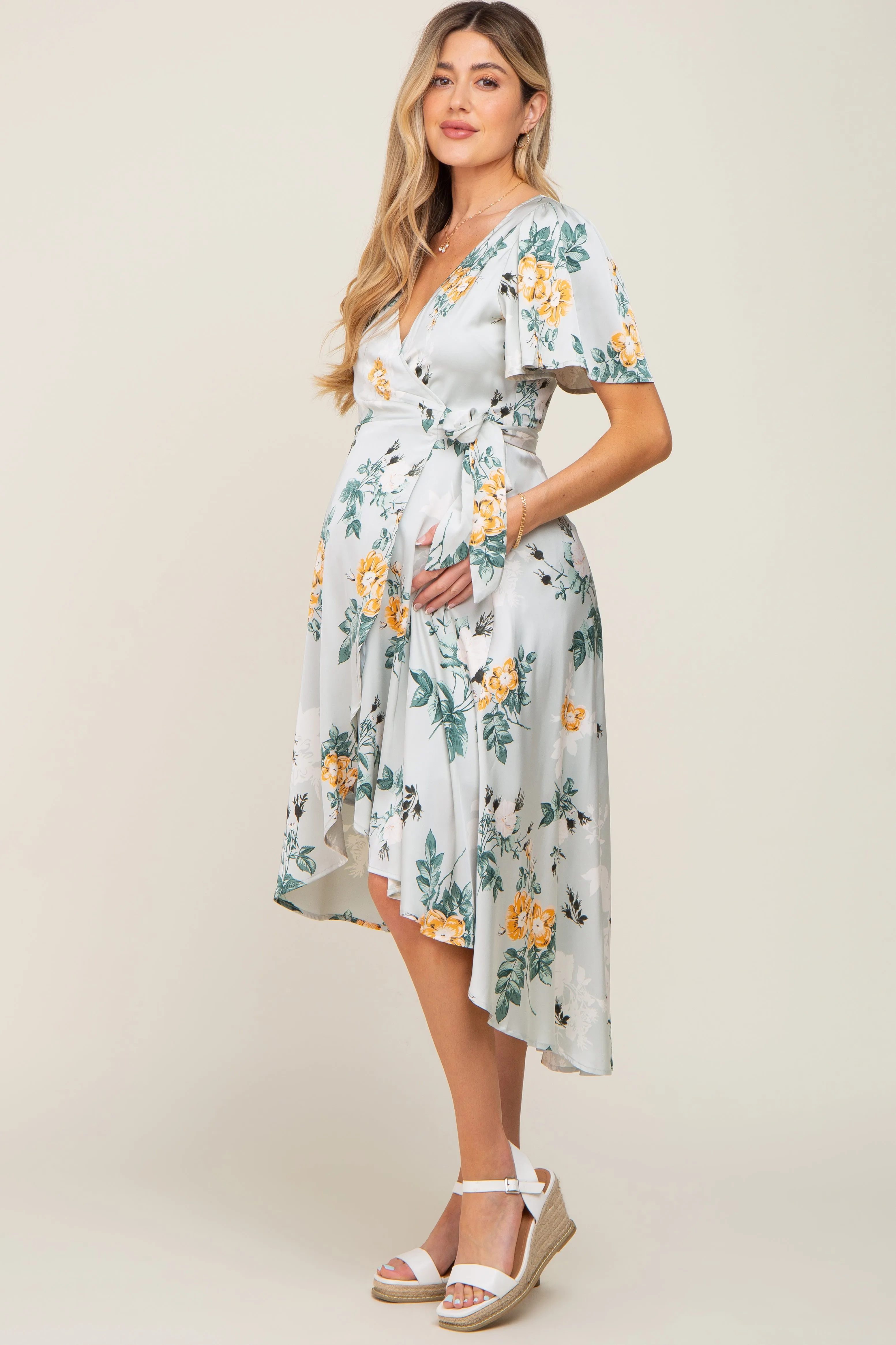 Light Blue Floral Satin Wrap Front Hi-Low Maternity Midi Dress sold by Pinkblush product image thumbnail 3