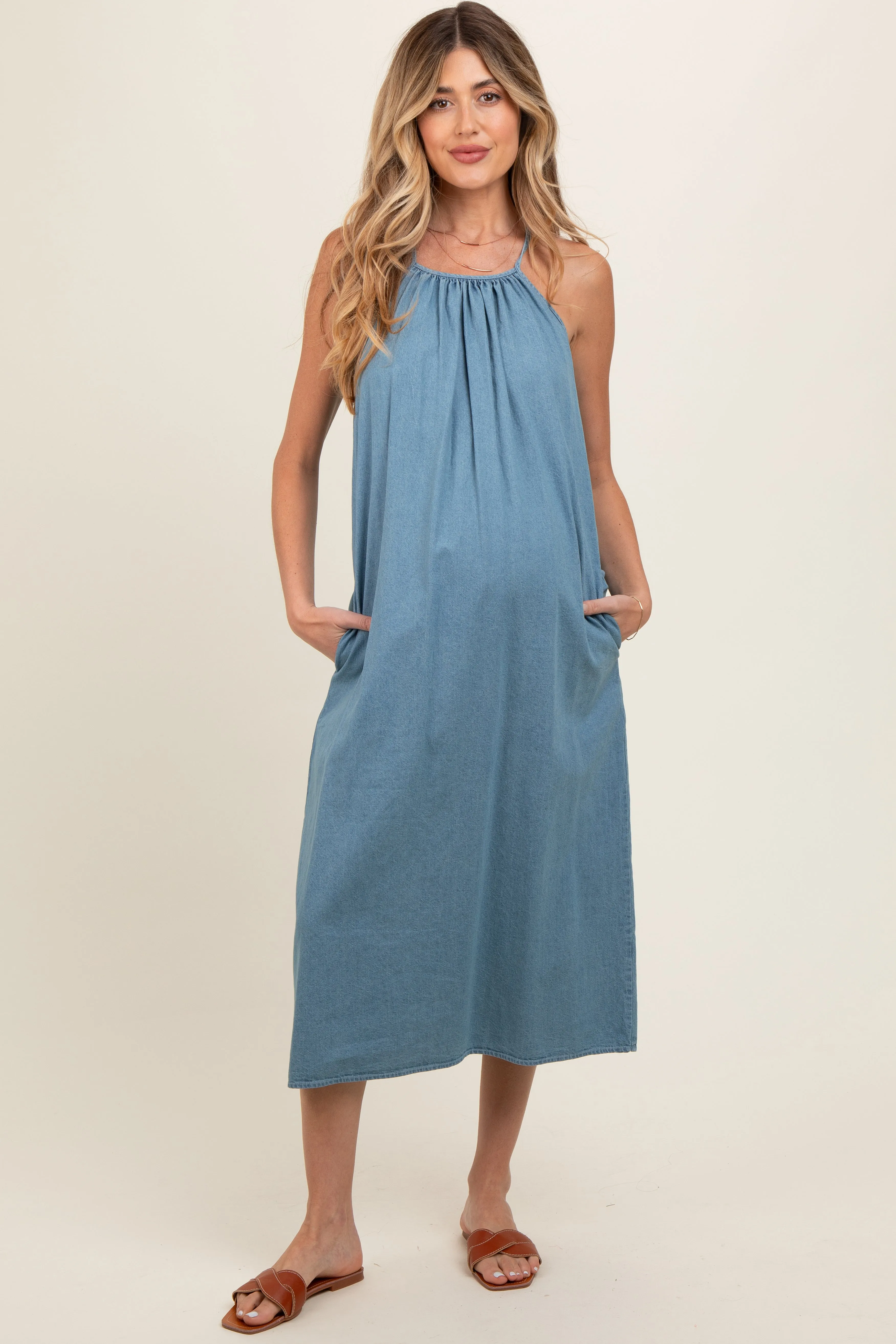 Denim Sleeveless Shift Maternity Midi Dress sold by Pinkblush product image thumbnail 2