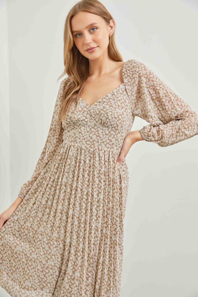 Taupe V-Neck Pleated Midi Dress sold by Pinkblush product image thumbnail 4
