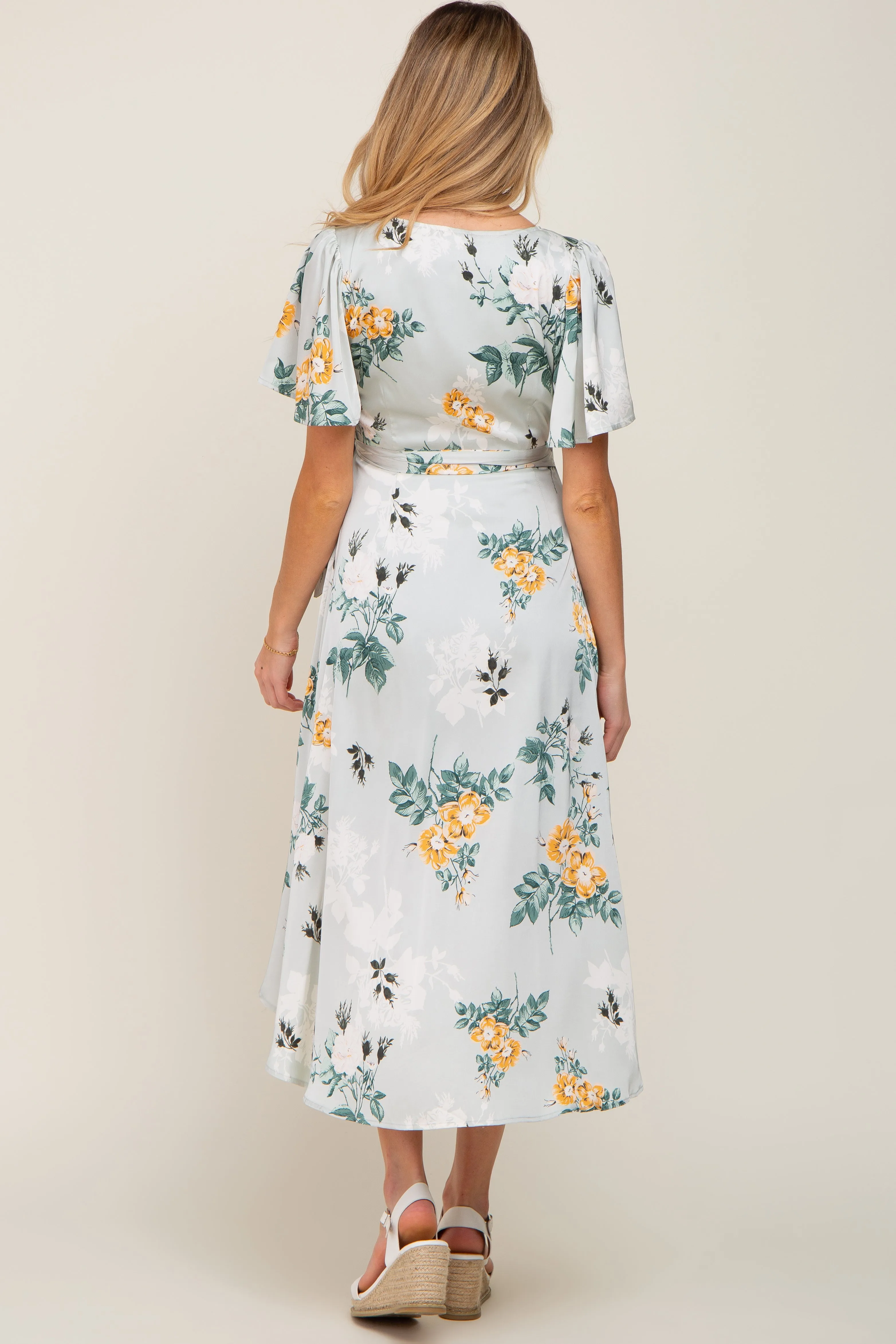 Light Blue Floral Satin Wrap Front Hi-Low Maternity Midi Dress sold by Pinkblush product image thumbnail 4