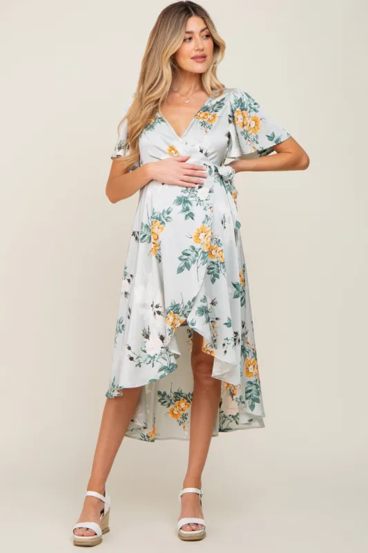 Light Blue Floral Satin Wrap Front Hi-Low Maternity Midi Dress sold by Pinkblush