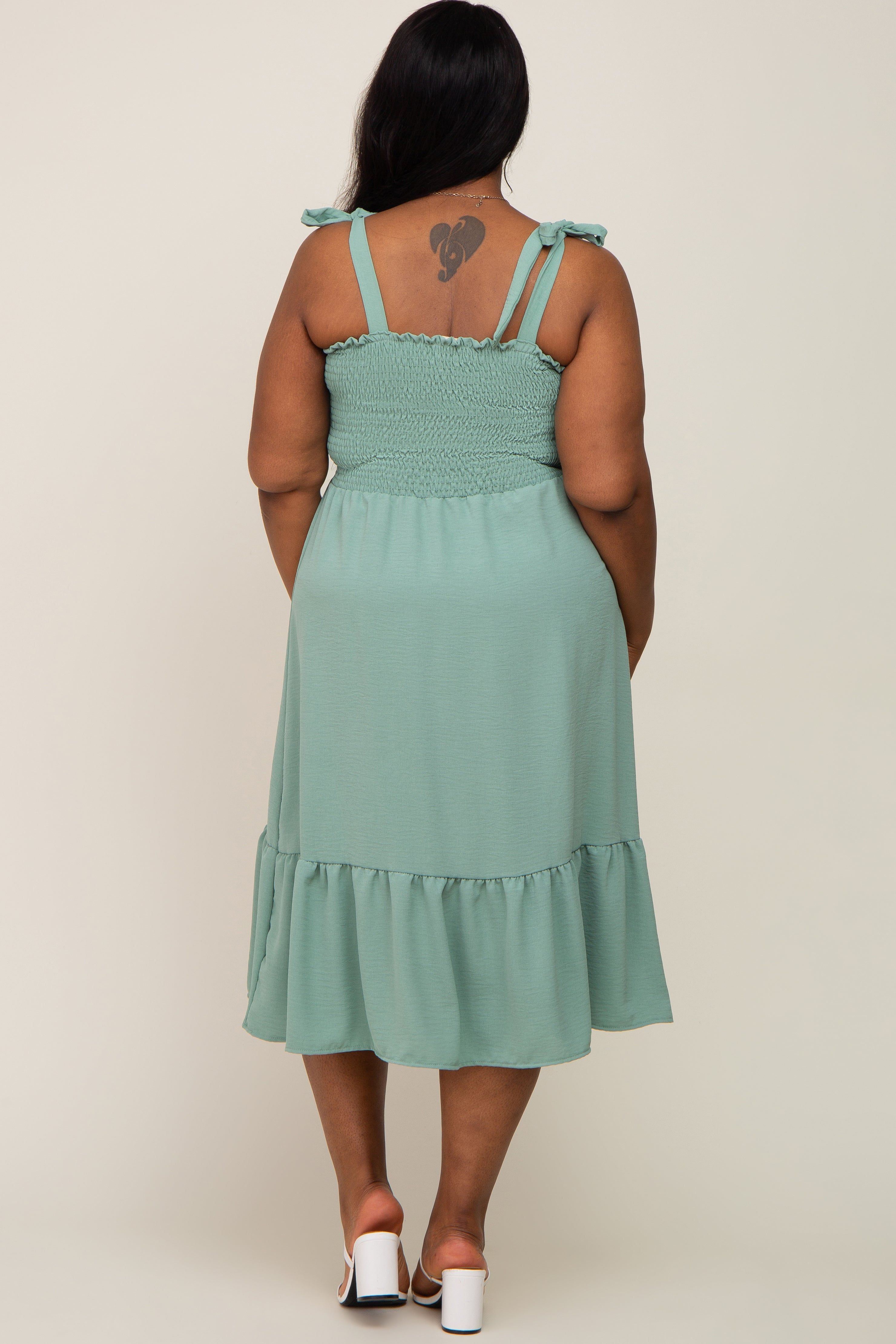 Sage Smocked Shoulder Tie Plus Midi Dress sold by Pinkblush product image thumbnail 3