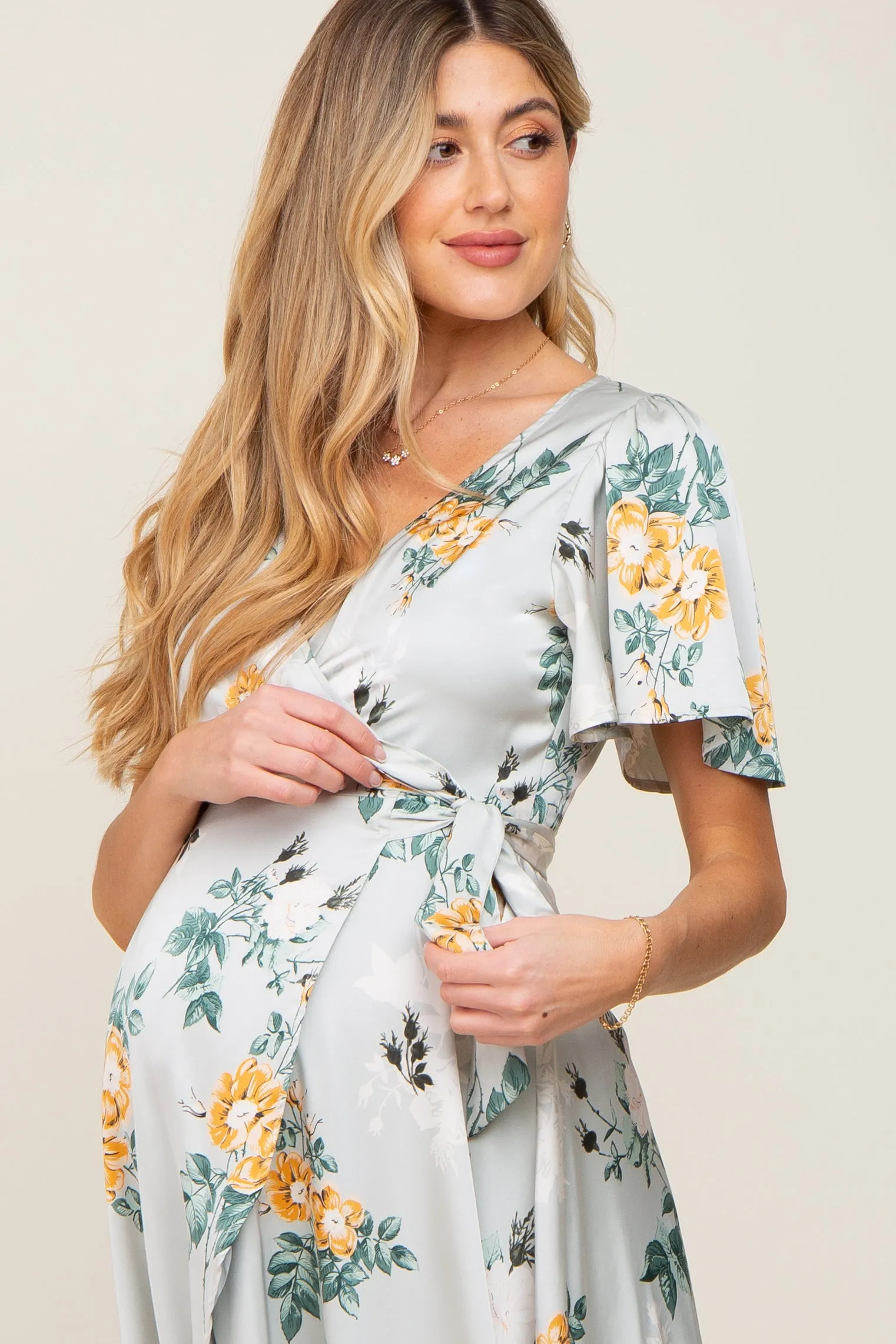 Light Blue Floral Satin Wrap Front Hi-Low Maternity Midi Dress sold by Pinkblush product image thumbnail 5