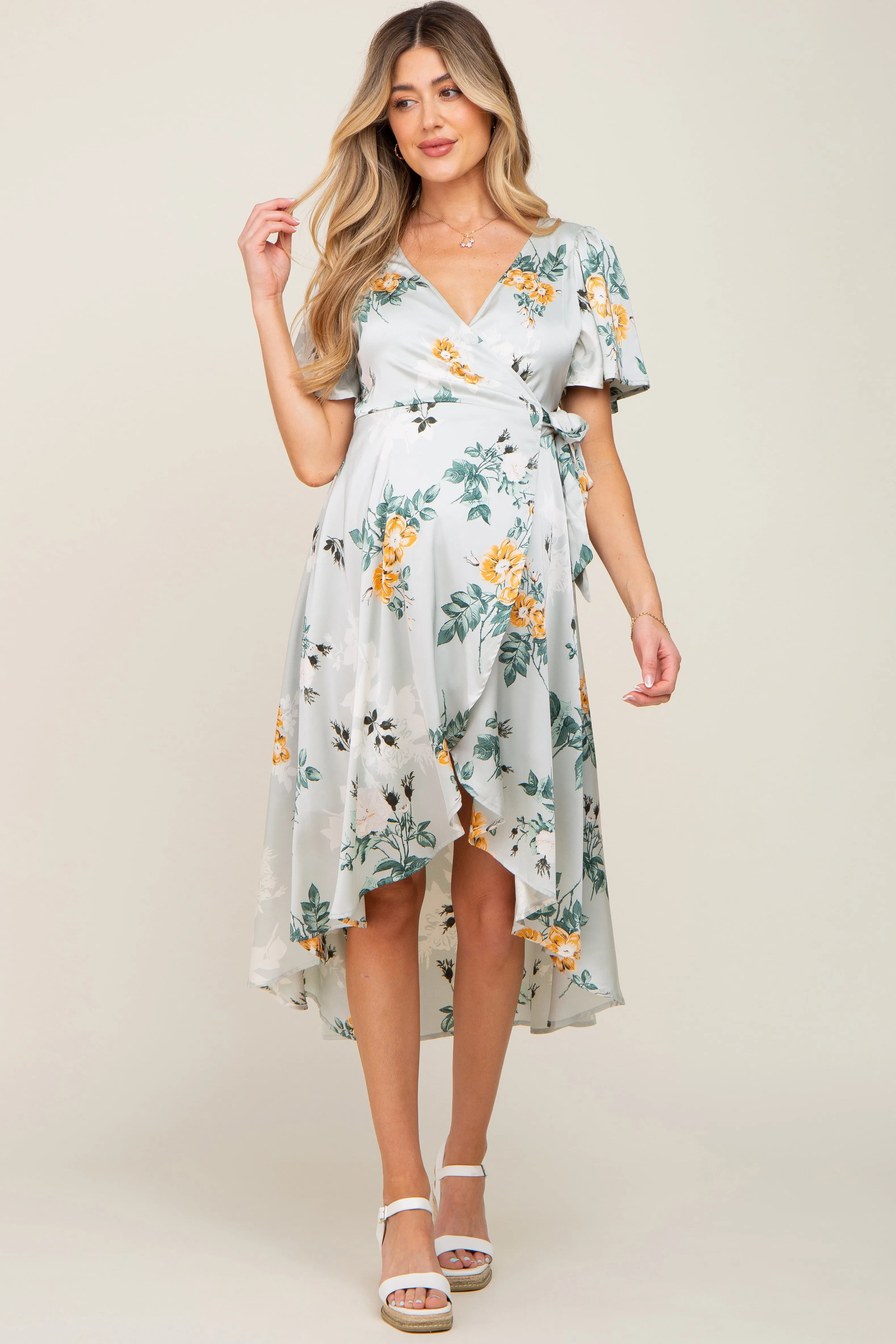 Light Blue Floral Satin Wrap Front Hi-Low Maternity Midi Dress sold by Pinkblush product image thumbnail 2