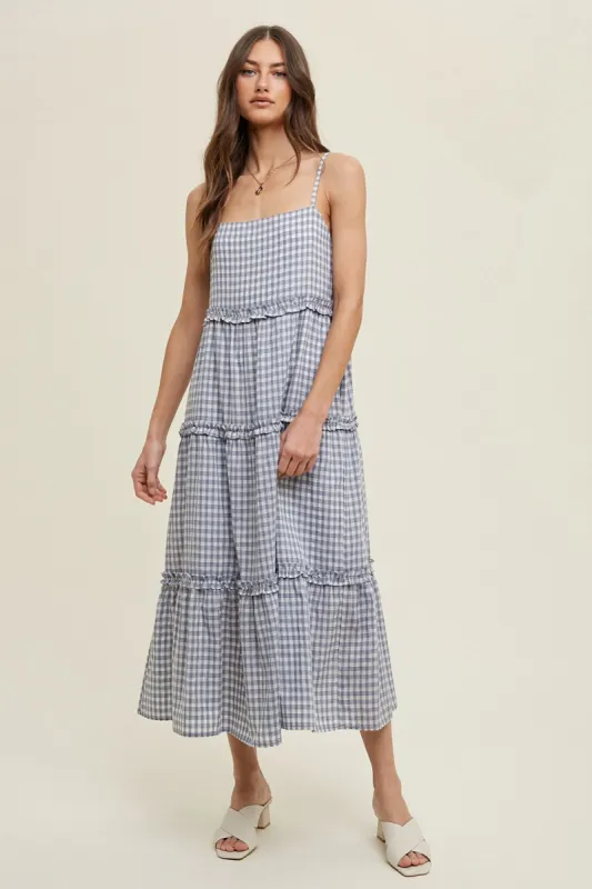 Blue Gingham Ruffle Tiered Midi Dress sold by Pinkblush