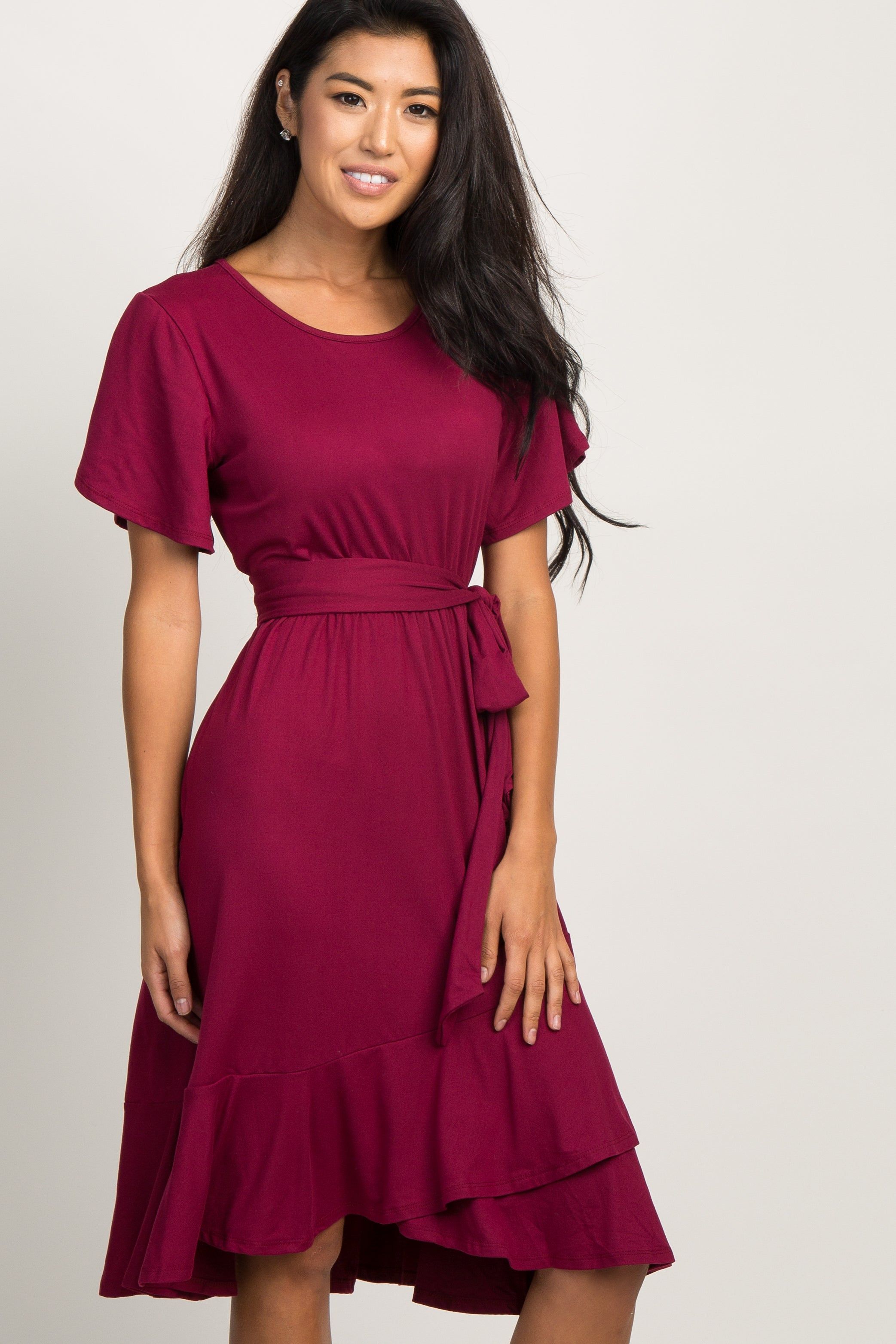 Burgundy Solid Flounce Trim Dress sold by Pinkblush product image thumbnail 2