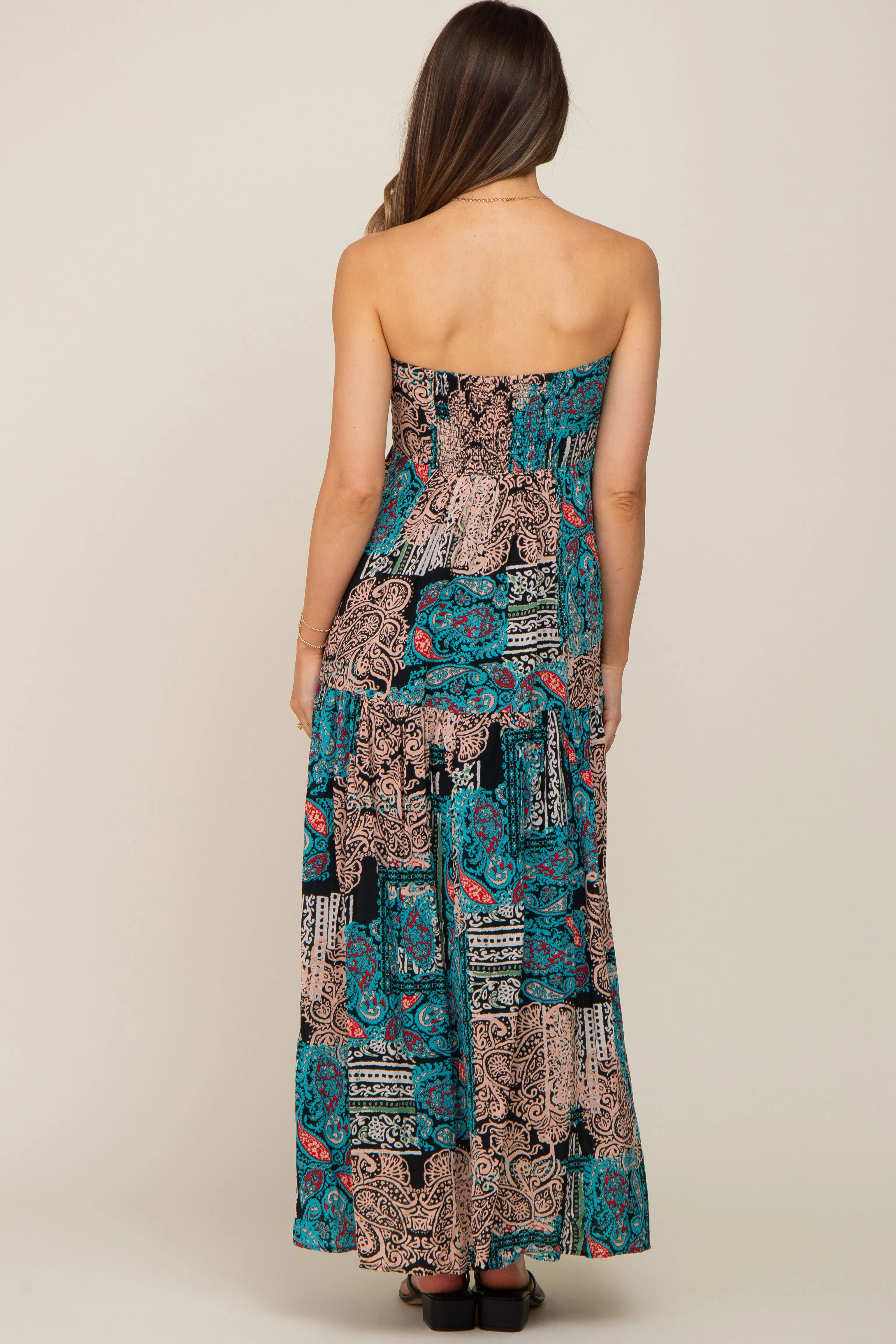 Teal Printed Halter Tassel Front Tie Maternity Maxi Dress sold by Pinkblush product image thumbnail 3