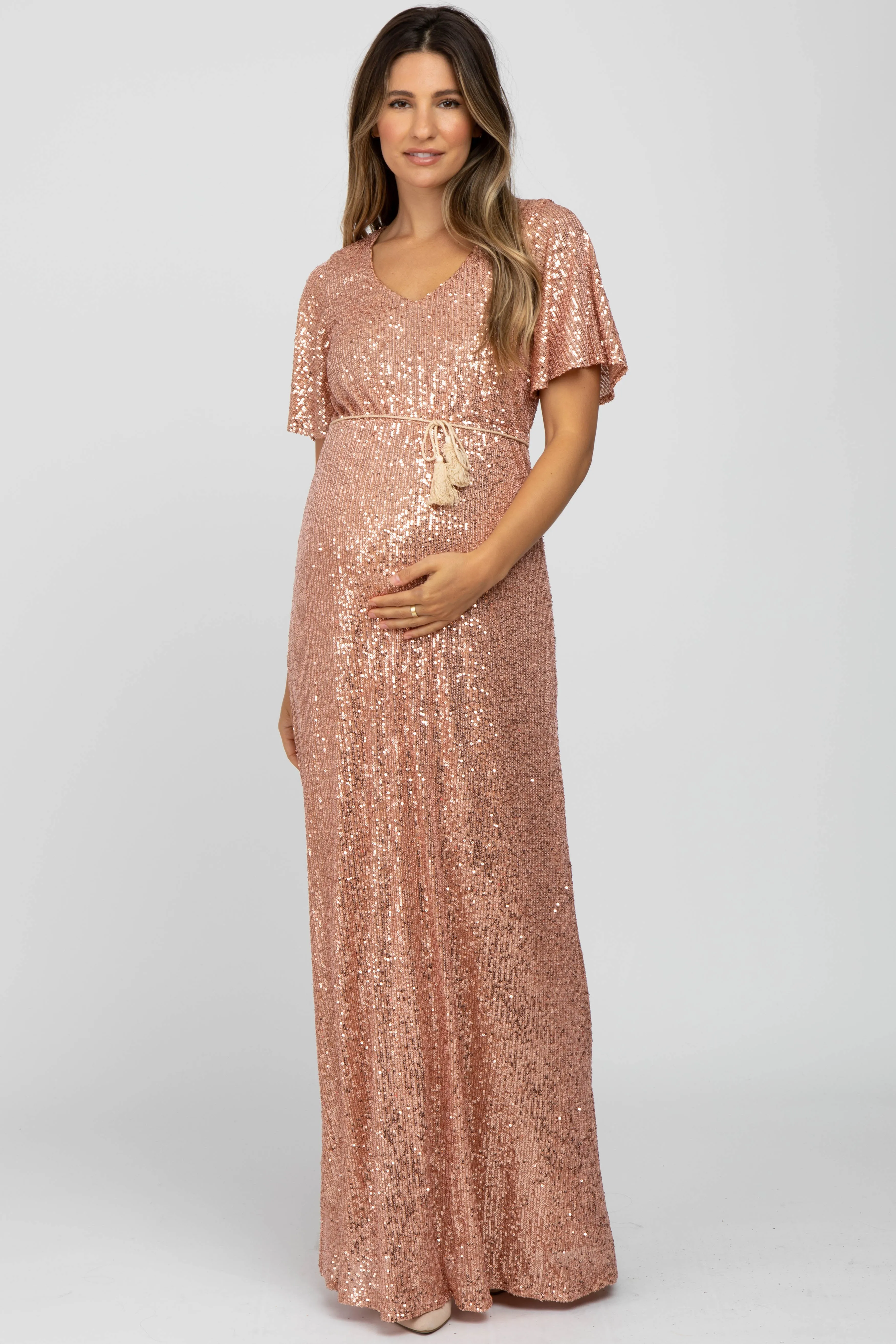 Pink Sequin Short Sleeve Maternity Maxi Dress sold by Pinkblush