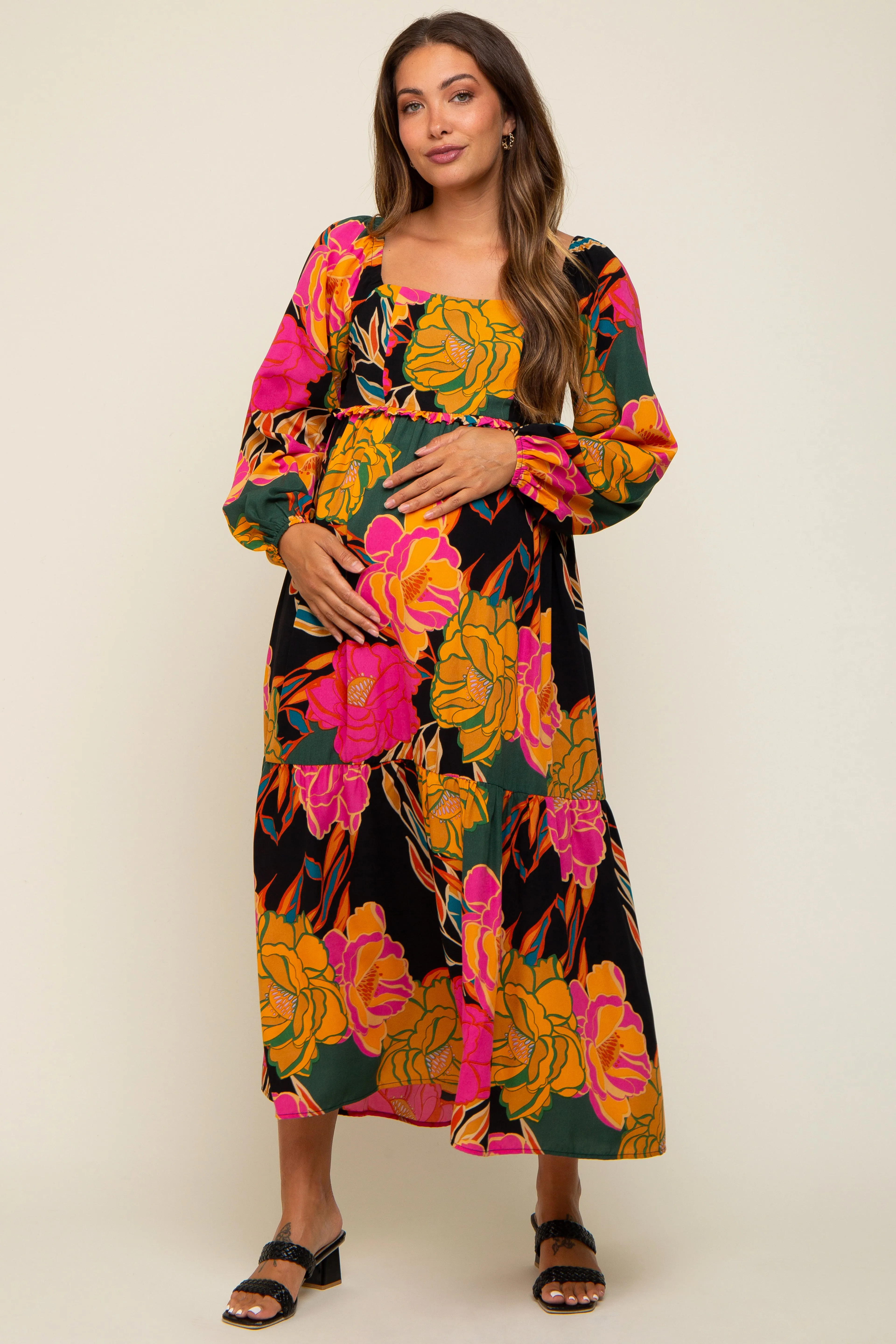 Black Floral Long Sleeve Maternity Midi Dress sold by Pinkblush product image thumbnail 4