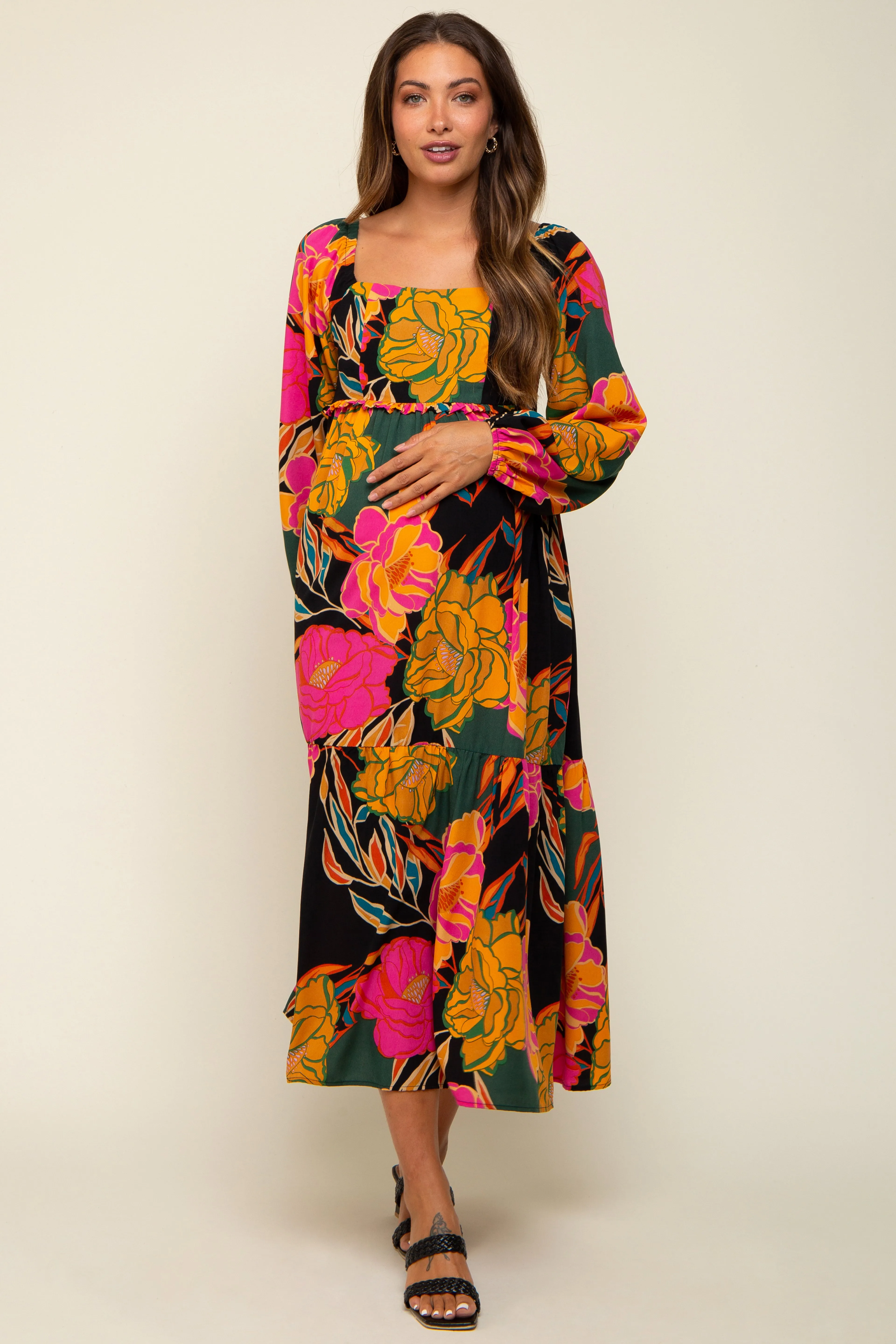 Black Floral Long Sleeve Maternity Midi Dress sold by Pinkblush