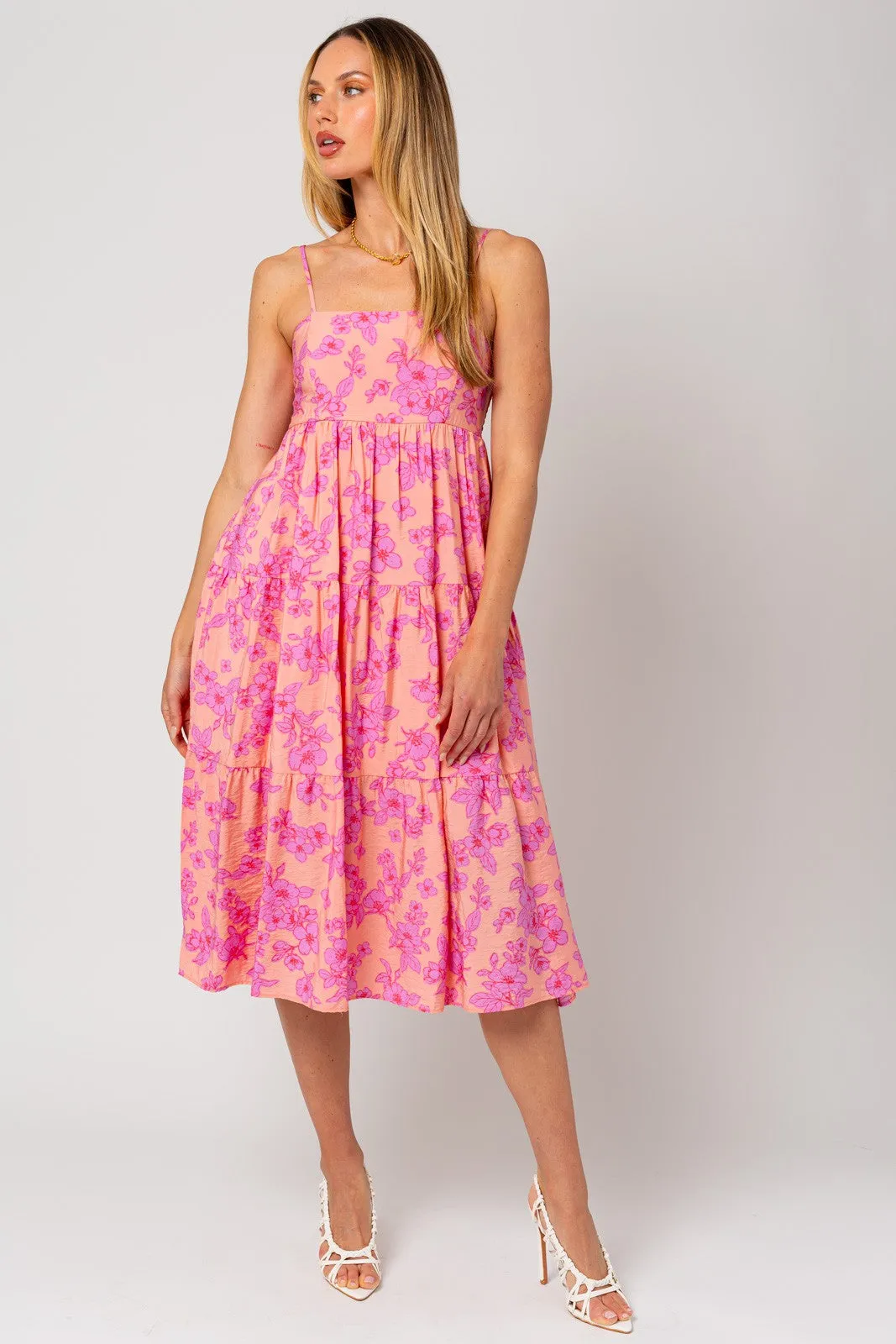 Pink Floral Sleeveless Tiered Midi Dress sold by Pinkblush