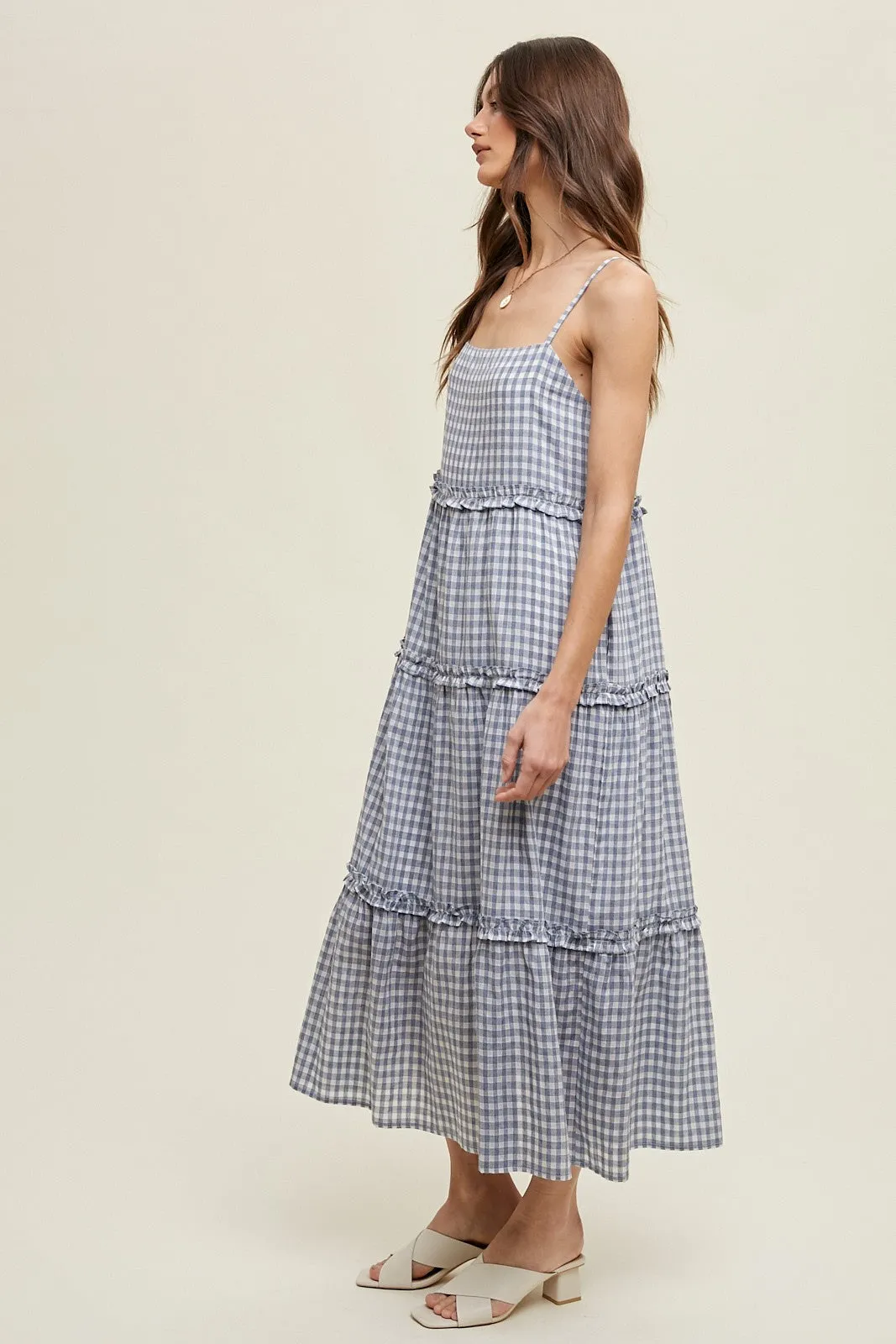 Blue Gingham Ruffle Tiered Midi Dress sold by Pinkblush product image thumbnail 2