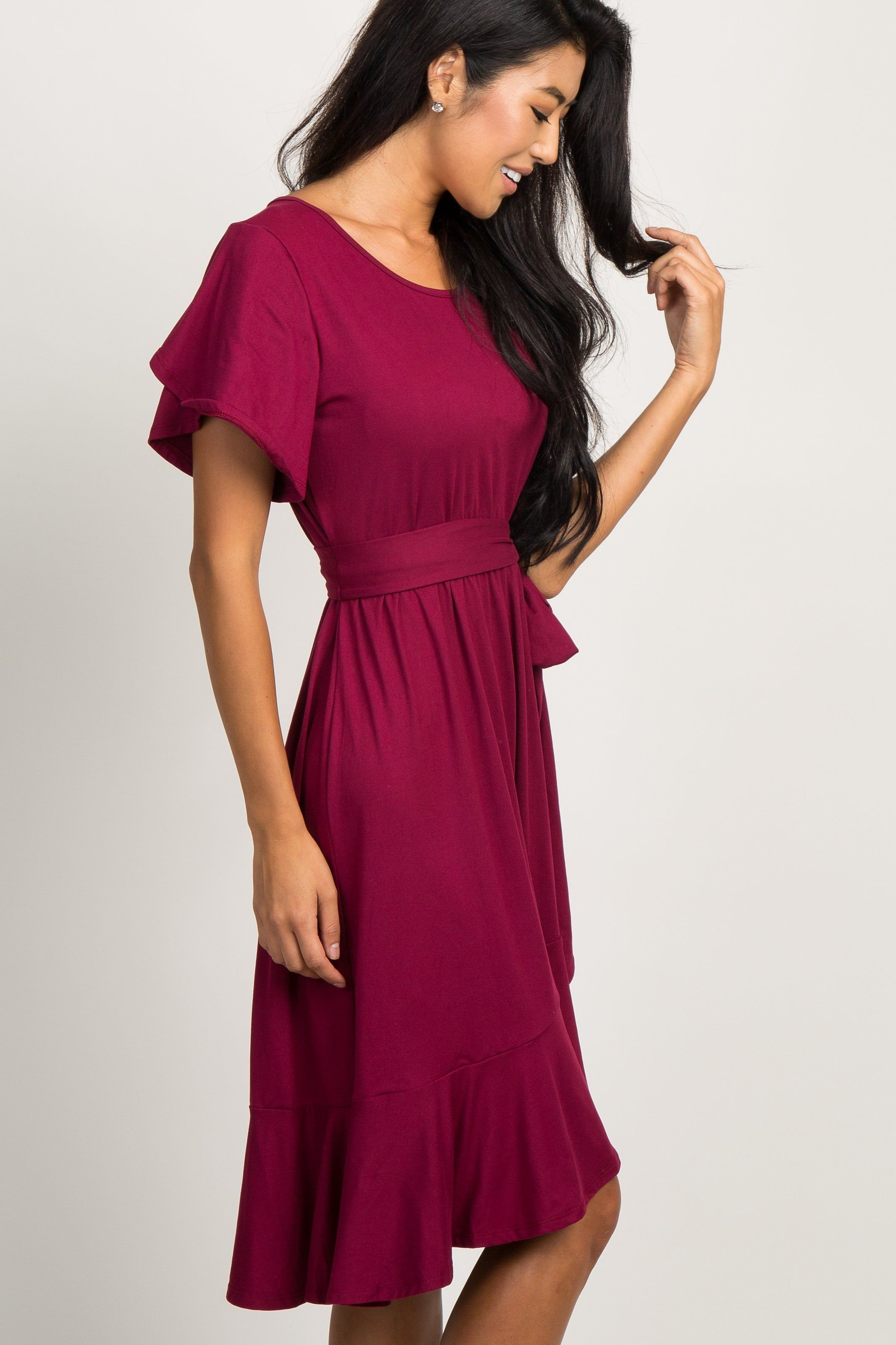 Burgundy Solid Flounce Trim Dress sold by Pinkblush product image thumbnail 3