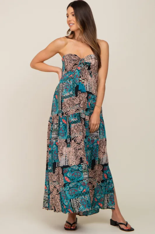 Teal Printed Halter Tassel Front Tie Maternity Maxi Dress sold by Pinkblush