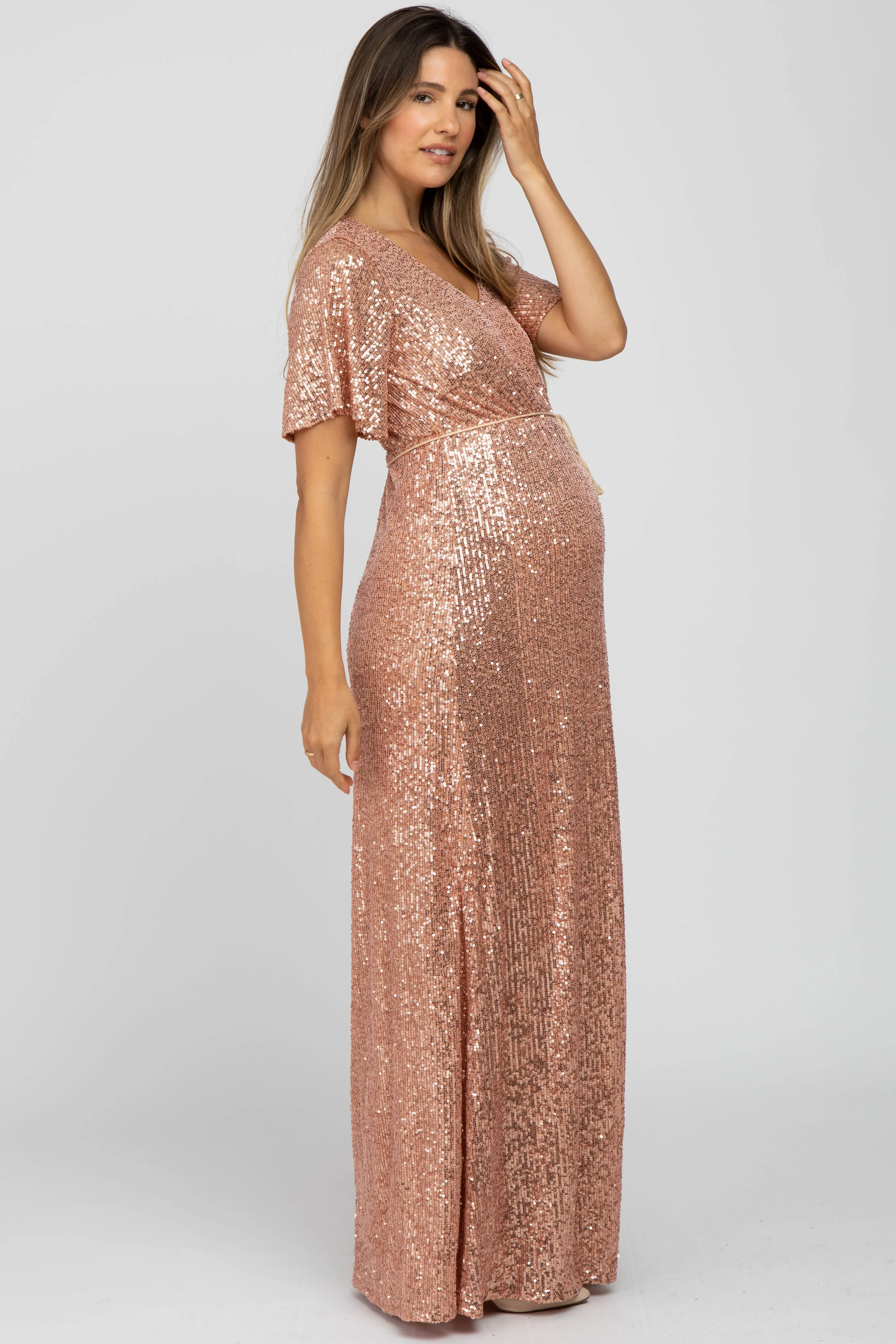 Pink Sequin Short Sleeve Maternity Maxi Dress sold by Pinkblush product image thumbnail 2