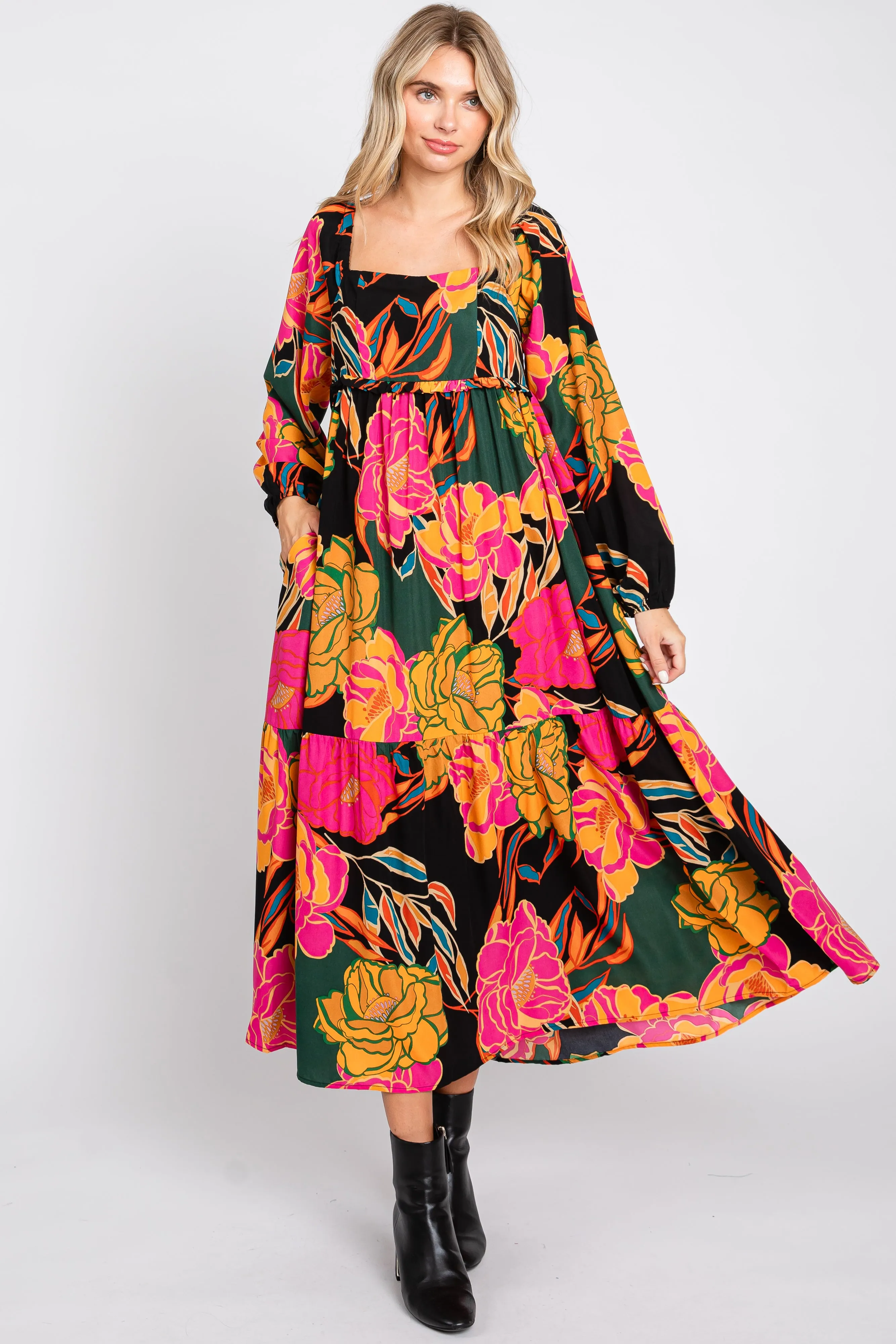 Black Floral Long Sleeve Maternity Midi Dress sold by Pinkblush product image thumbnail 5
