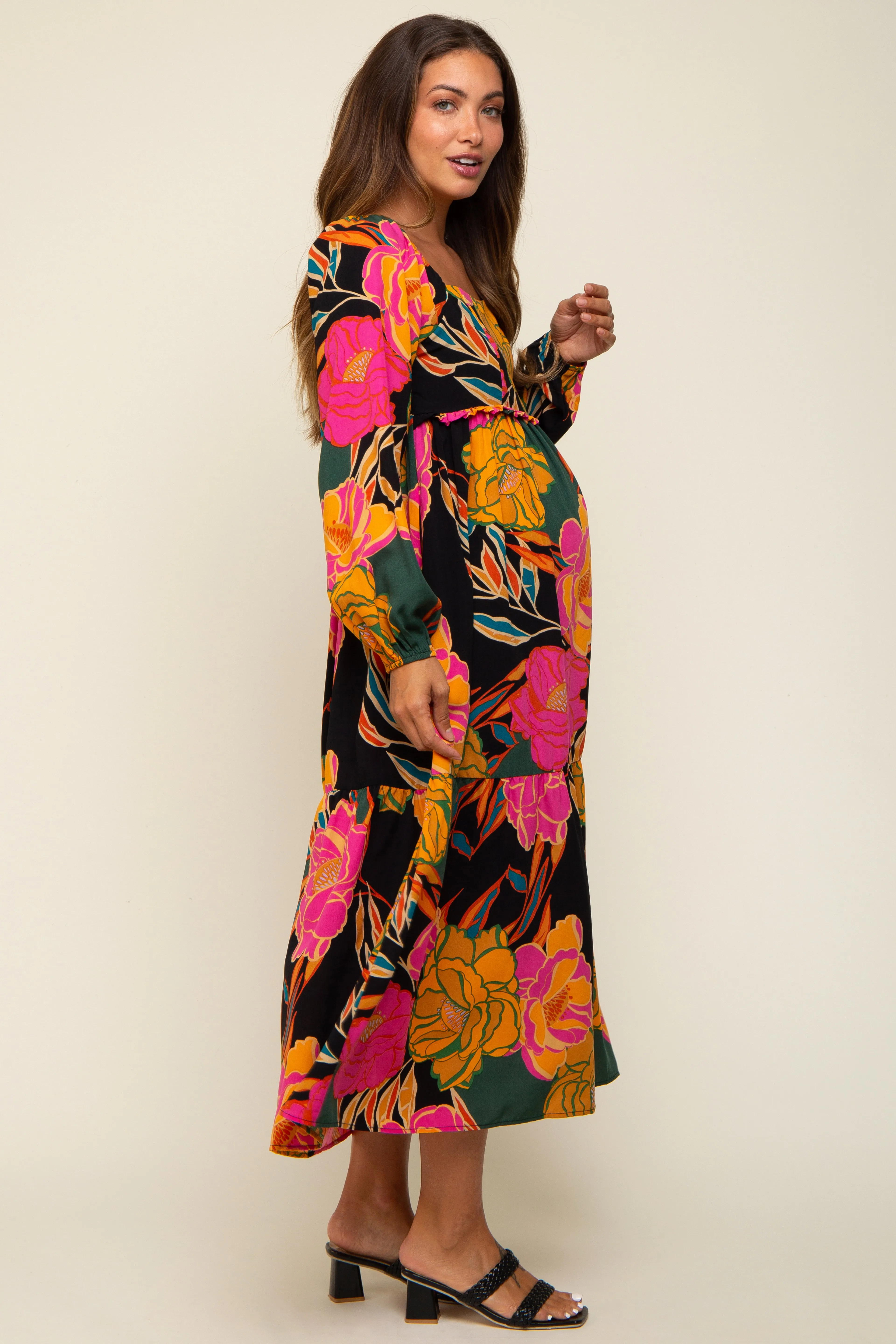 Black Floral Long Sleeve Maternity Midi Dress sold by Pinkblush product image thumbnail 2