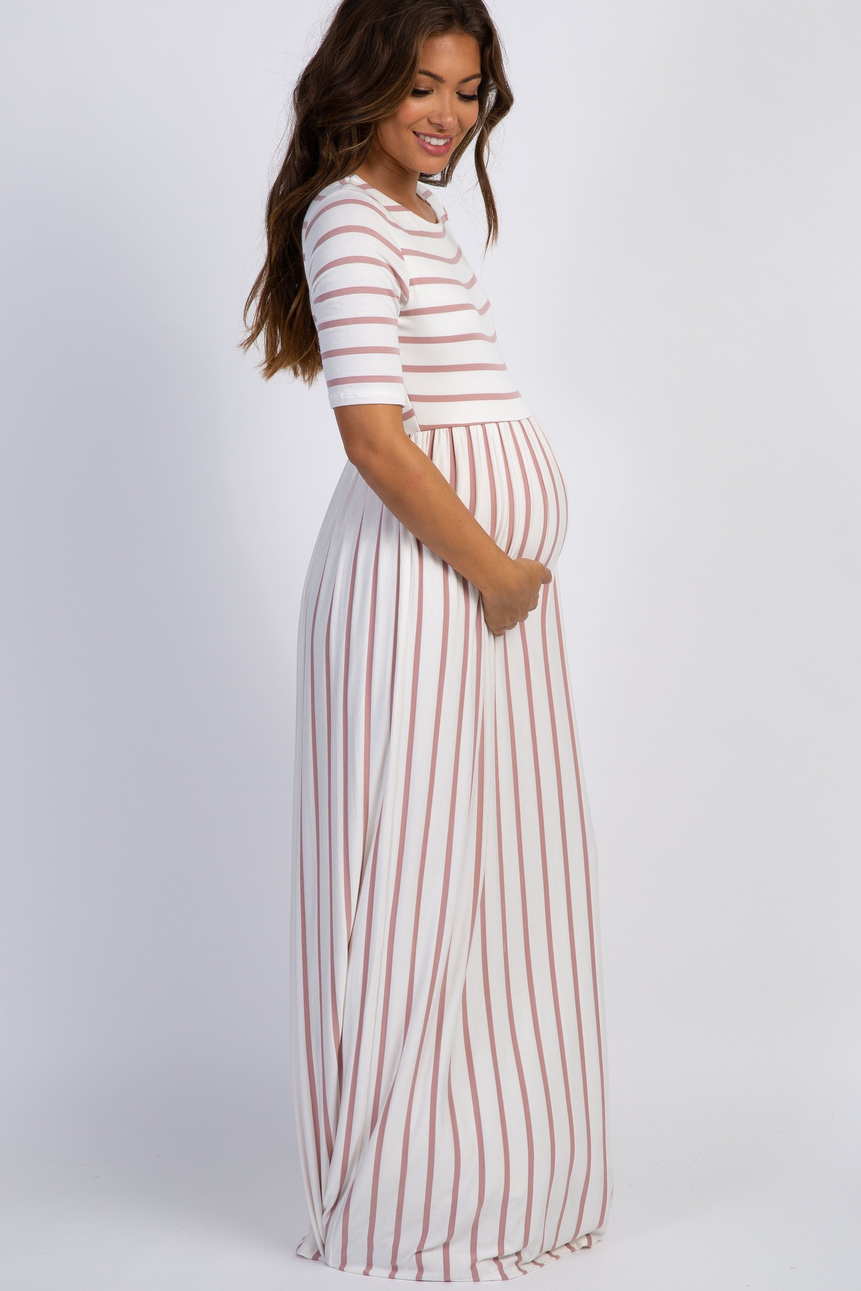 PinkBlush Mauve Striped Half Sleeve Maternity Maxi Dress sold by Pinkblush product image thumbnail 2