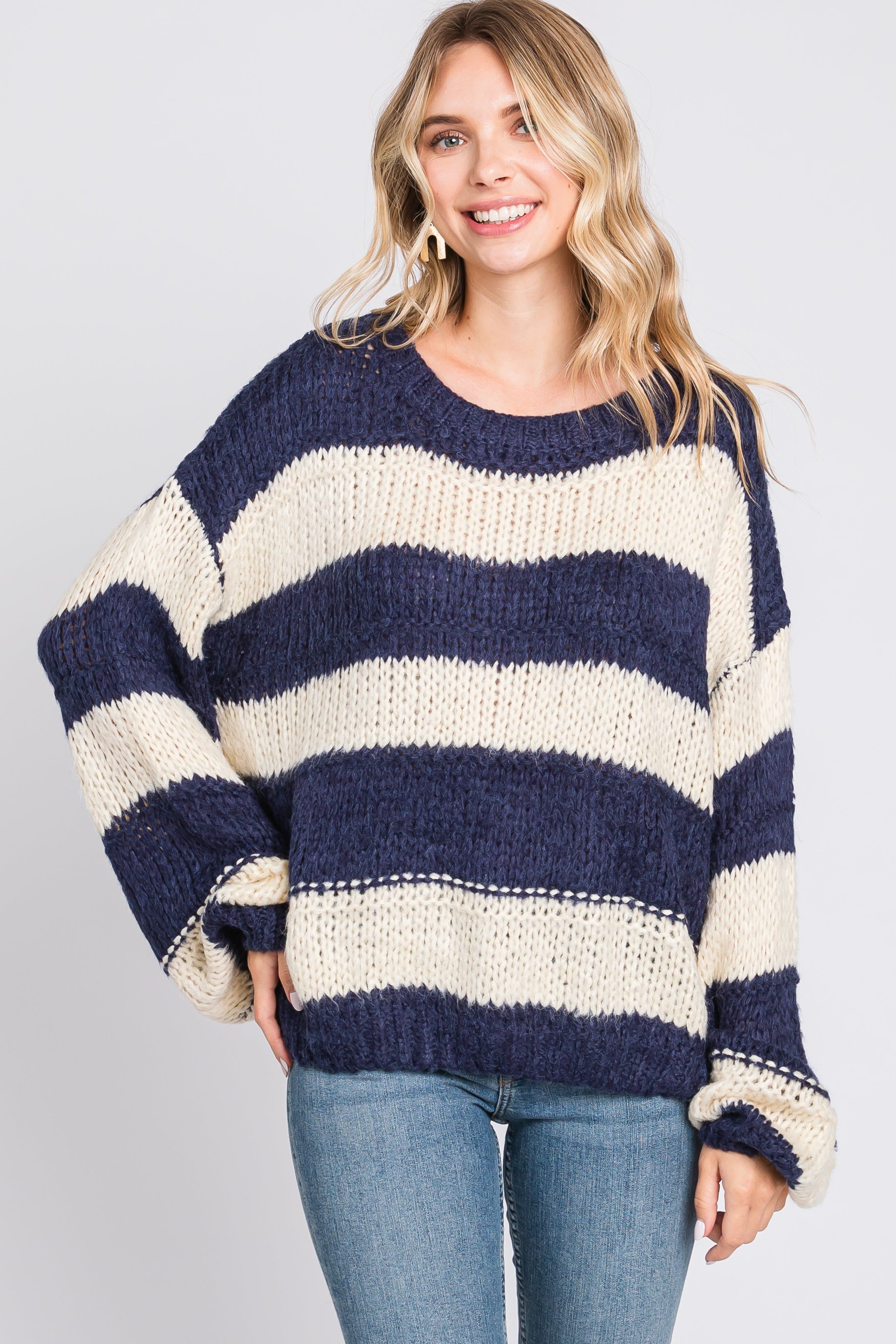 Navy Striped Knit Sweater sold by Pinkblush