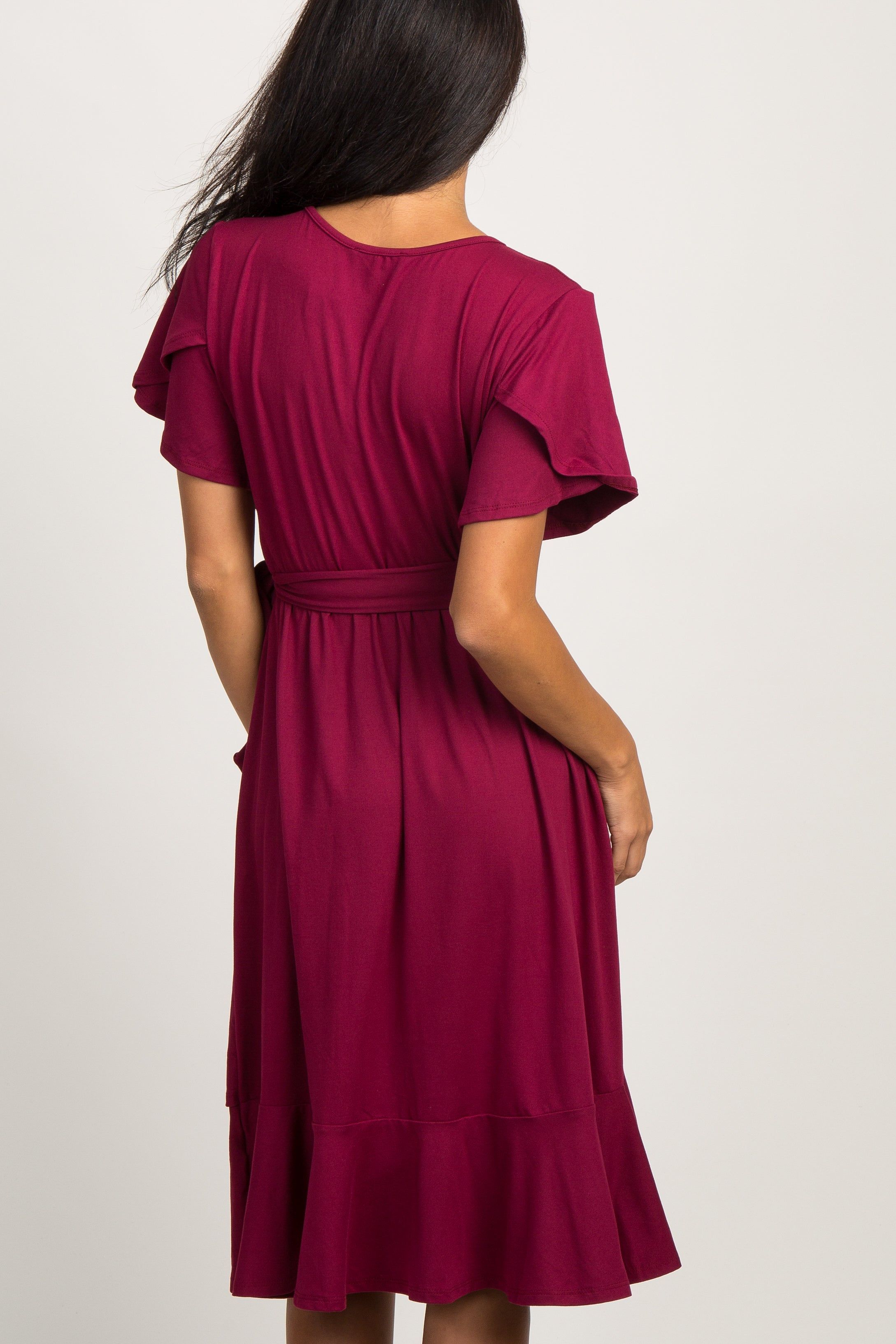 Burgundy Solid Flounce Trim Dress sold by Pinkblush product image thumbnail 4