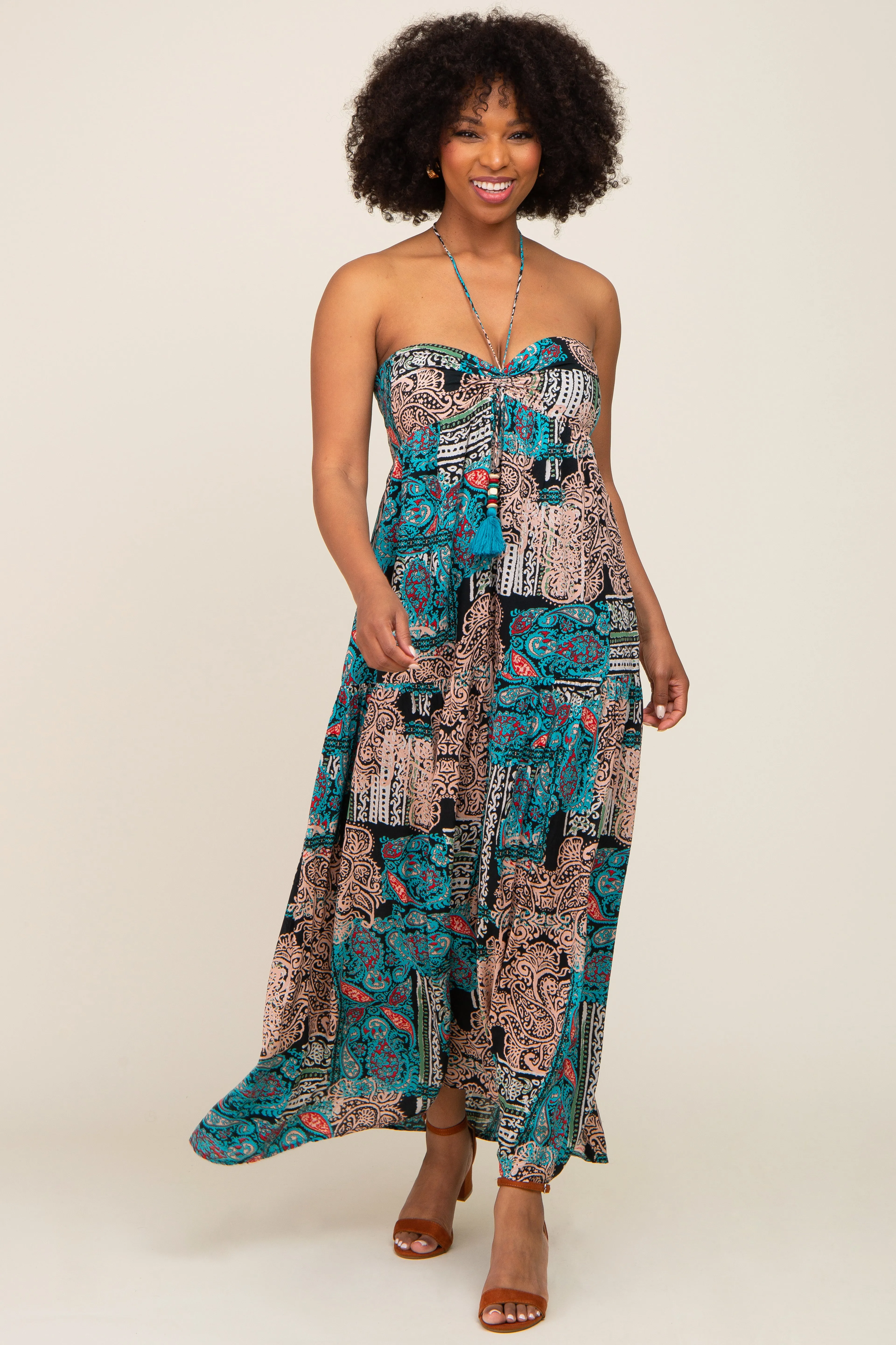 Teal Printed Halter Tassel Front Tie Maternity Maxi Dress sold by Pinkblush product image thumbnail 5