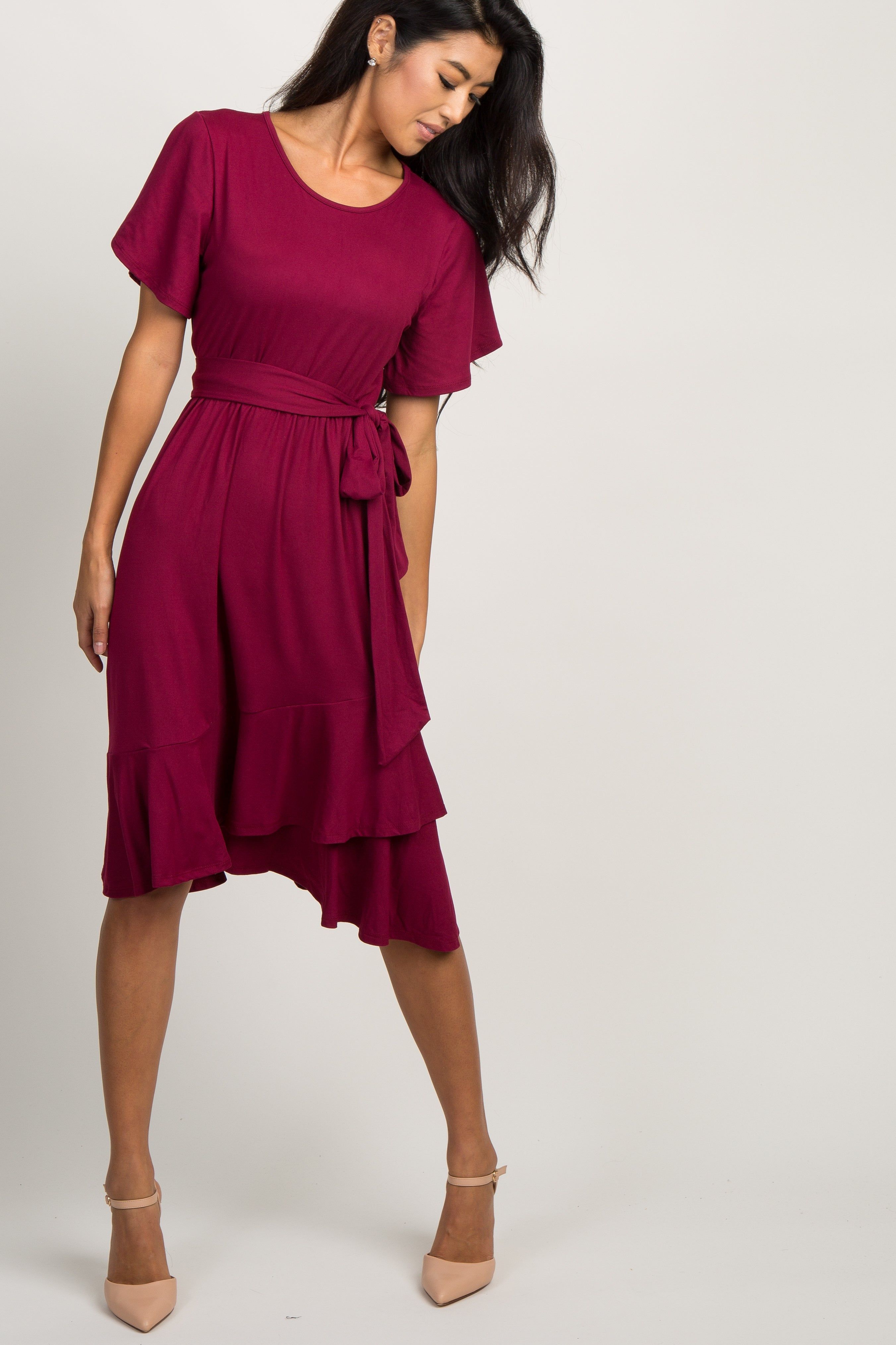 Burgundy Solid Flounce Trim Dress sold by Pinkblush