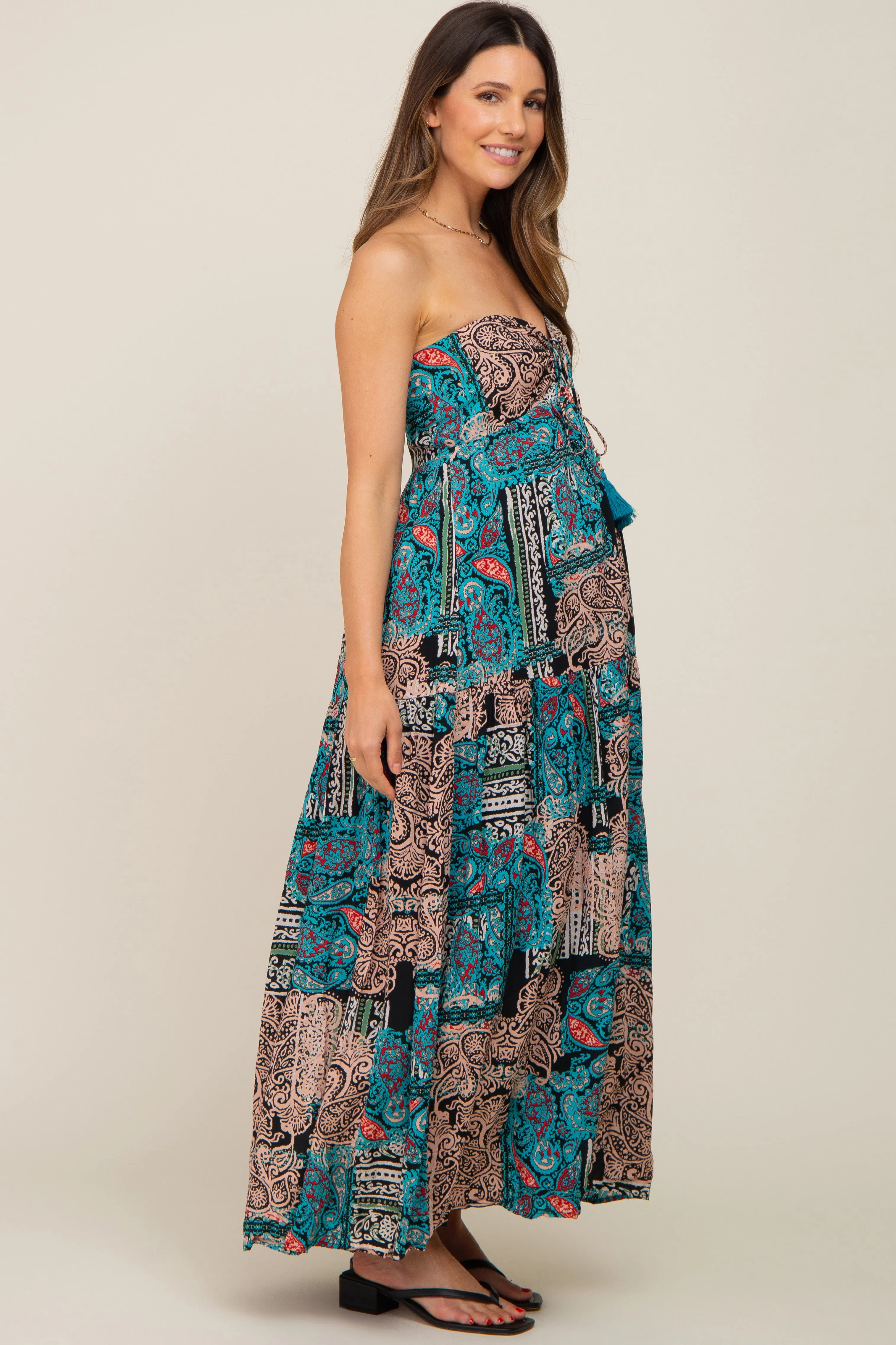 Teal Printed Halter Tassel Front Tie Maternity Maxi Dress sold by Pinkblush product image thumbnail 2